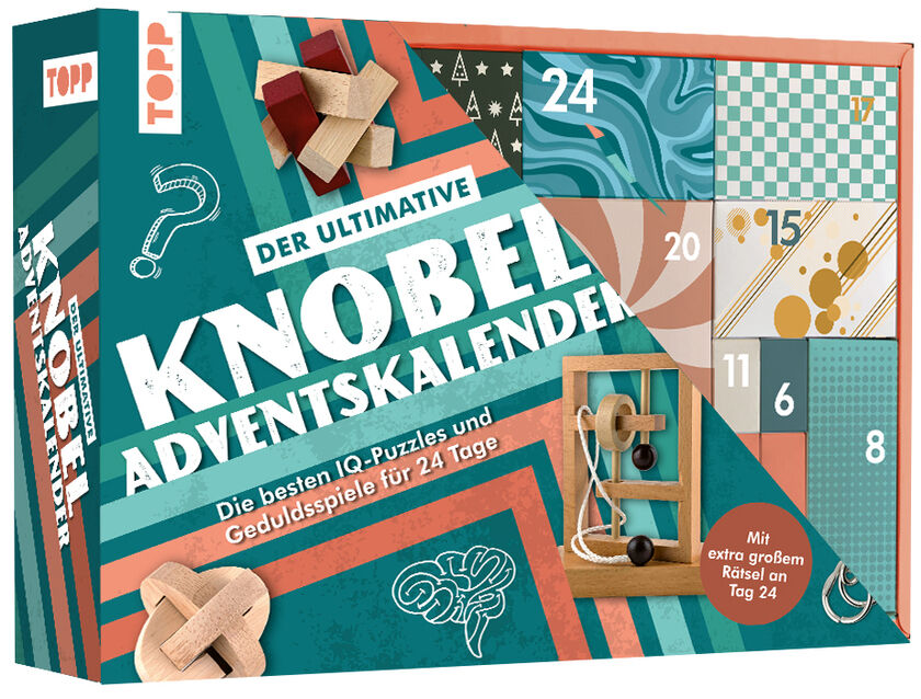 Adventskalender »Der ultimative Knobelspiel-Adventskalender – Die besten IQ-Puzzles und Geduldsspiele für 24 Tage« von TOPP. Die Verpackung zeigt grafische Puzzle-Motive, Zahlen und Fächer in Türkis-, Gold- und Beigetönen, dazu Rätselspiele als Vorschau.