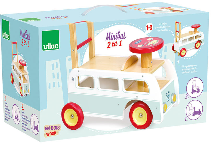 Spielzeug-Minibus aus Holz von Vilac, 2-in-1-Design, für Kinder von 1 bis 3 Jahren geeignet, verpackt in einer bunten Schachtel.