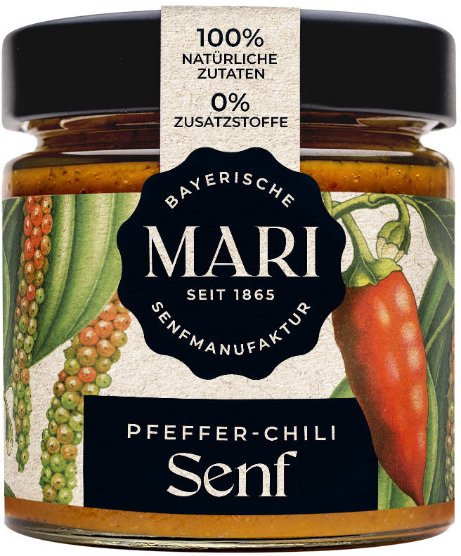 Ein Glas Mari-Senf Pfeffer-Chili mit natürlichem Etikett. Enthält 100% natürliche Zutaten und keine Zusatzstoffe. Das Etikett zeigt bunte Chilis und Pfefferkörner.
