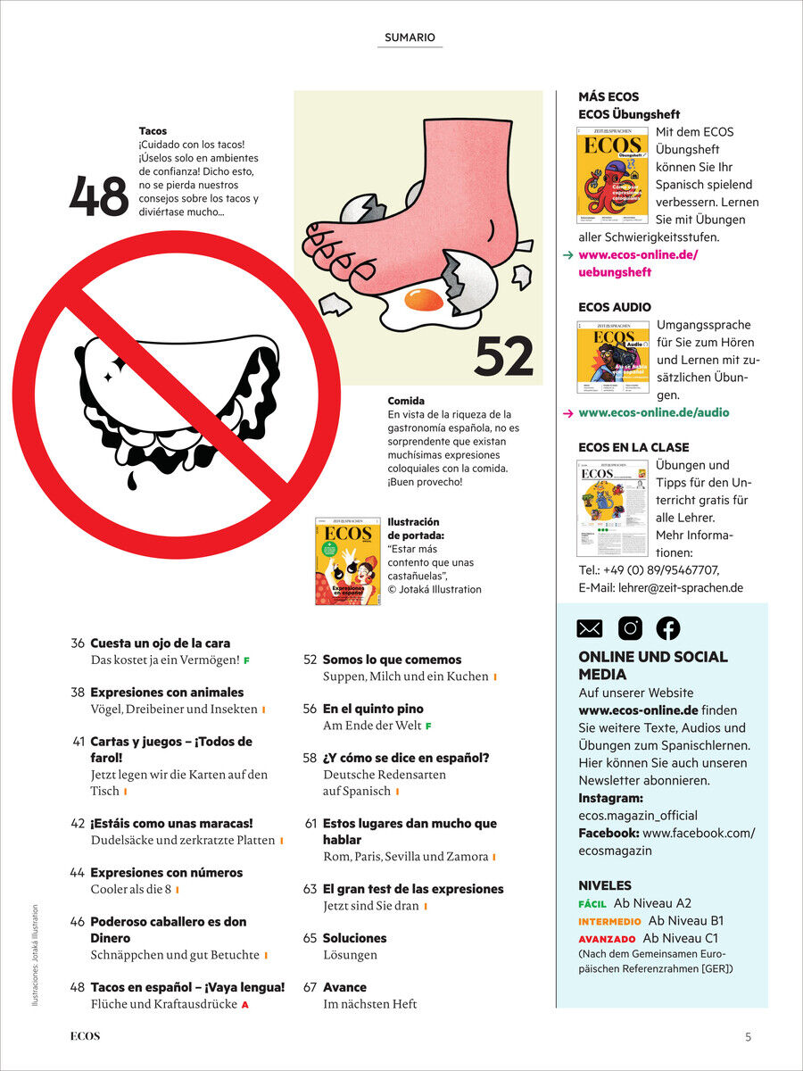 Titelseite des Ecos Magazins 12/2024 Sonderausgabe, mit Illustrationen zu Sprach- und Kulturthemen sowie sprachlichen Übungen.