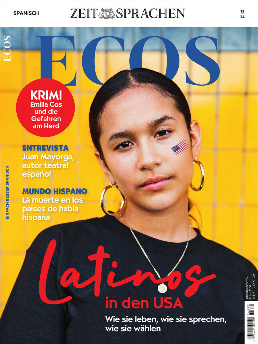 Cover des Ecos Magazin 13/2024 zeigt eine Frau mit schwarzem Oberteil vor einer gelben Wand. Thema: Latinos in den USA. Text in Rot und Weiß. Oben Zeitschriftenname und Titel.