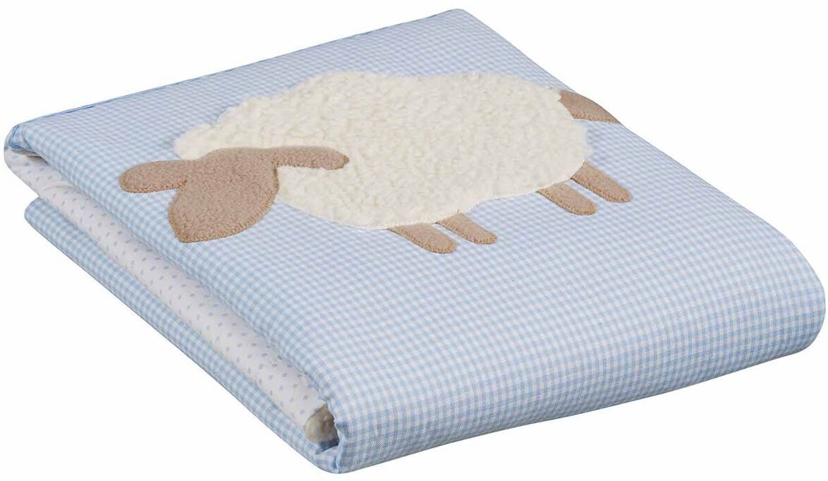 Eine weiche Baby-Kuscheldecke mit einem Schafmotiv. Die Decke hat ein blau-weiß kariertes Muster und ein appliziertes Schaf aus plüschigem Material.