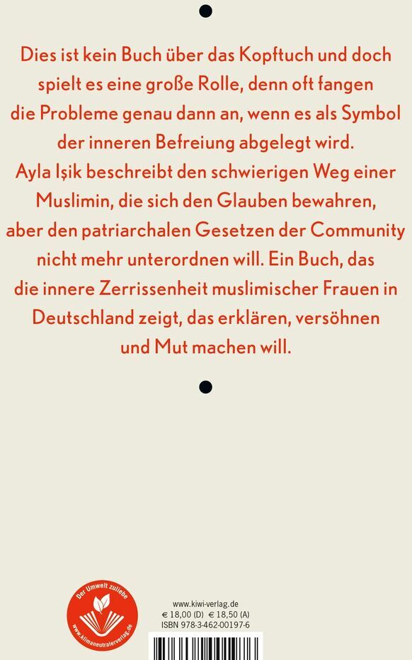 Ein Buchcover des Buches 'BeHauptet' von Ayla Isik. Das Cover ist beige mit rotem Text und einem roten Symbol am unteren Rand. Der Text beschreibt das Thema des Buches über muslimische Frauen und deren innere Zerissenheit in Deutschland.