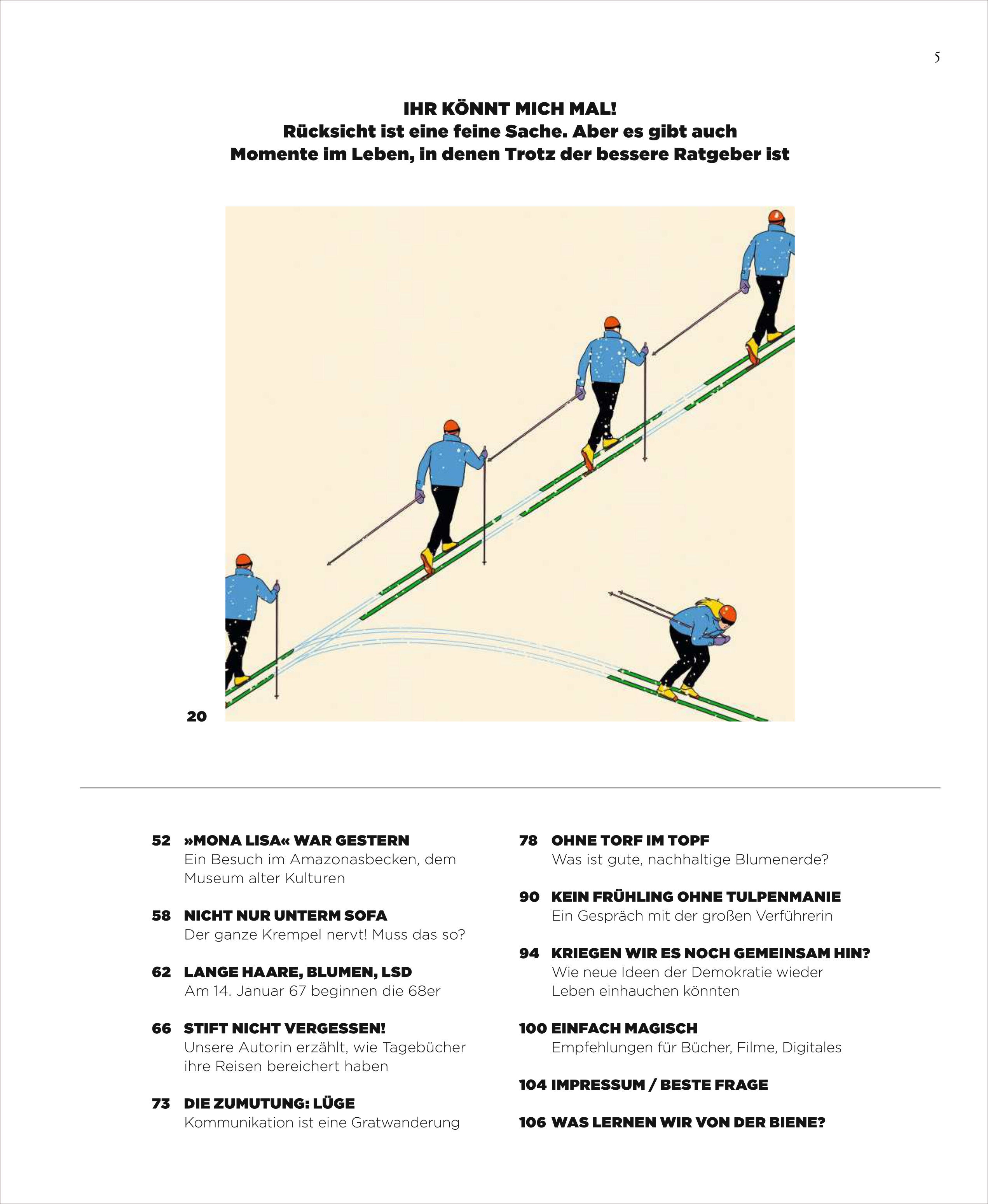 Das Bild zeigt eine Magazinseite von ZEIT WISSEN mit einer Illustration, die fünf Skifahrer in blauer Kleidung und orangen Mützen in verschiedenen Haltungen beim Bergaufsteigen und -abfahren zeigt. Oben steht ein Titel zum Thema Rücksicht und Momente des Widerspruchs. Unten befindet sich ein Inhaltsverzeichnis mit Seitennummern und Beiträgen.
