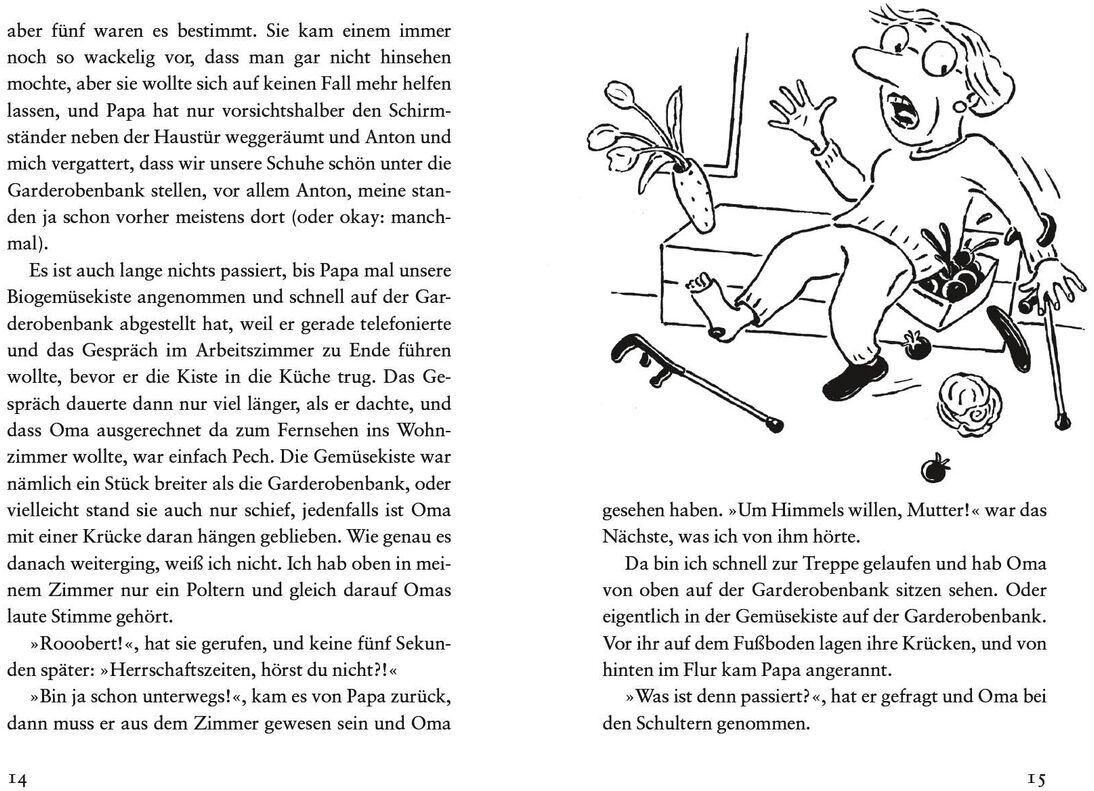 Das Bild zeigt eine Buchseite aus 'Stohner, Friedbert: Bleibt Oma jetzt für immer?' mit Textblöcken und einer humorvollen Schwarz-Weiß-Illustration eines Kindes, das schockiert auf ein durcheinandergebrachtes Zimmer mit verschiedenen Alltagsgegenständen schaut.