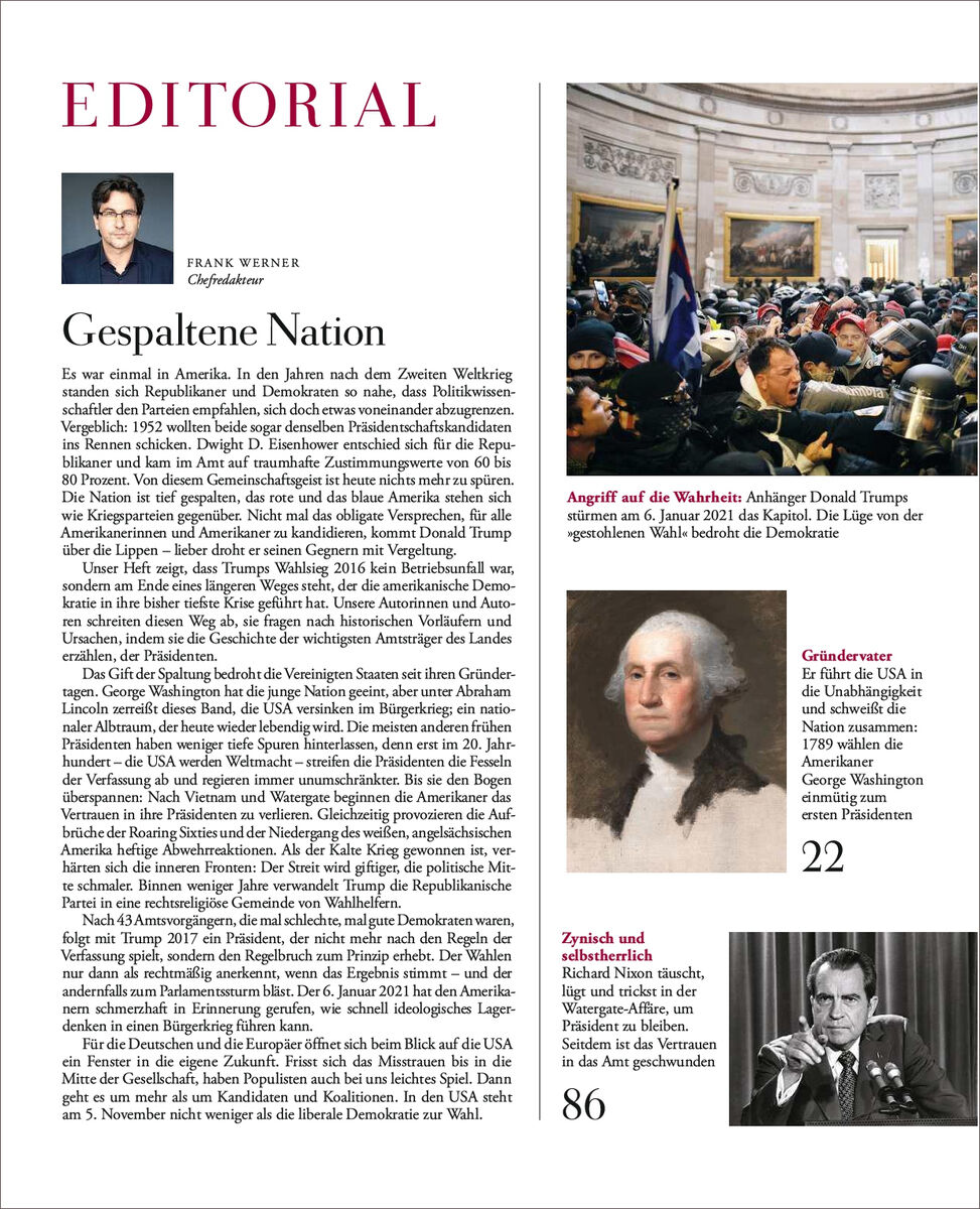 ZEIT GESCHICHTE 5/24 Die amerikanischen Präsidenten. Titelbild zeigt einen Editorial-Artikel mit einem Foto von Frank Werner, Bilder von George Washington und Richard Nixon, sowie einem Bild eines historischen Ereignisses in den USA. Text und Bilder sind in einem Zeitschriftenlayout.