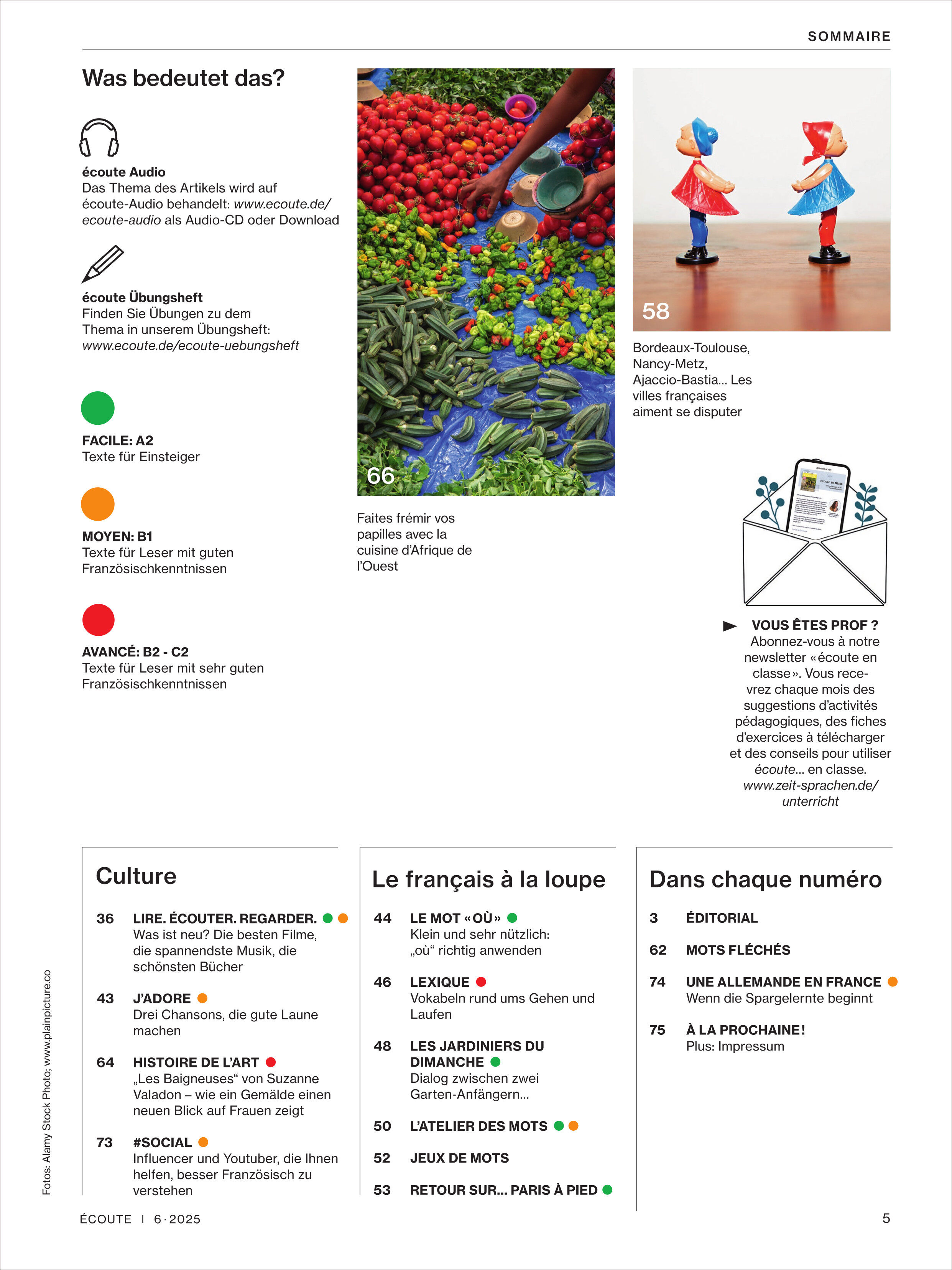 Titelblatt des Écoute Magazins 6/2025 mit Bildern von kulturellen und sprachlichen Inhalten. Enthält Illustrationen und Texte zum Thema Französisch lernen und Kulturinformationen aus Frankreich.