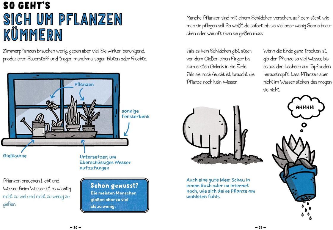 Ein aufgeschlagenes Buch mit dem Titel 'Alles, was Du in der Schule nicht lernst' von Catherine Newman. Die Seiten zeigen eine illustrierte Anleitung zur Pflanzenpflege mit Texten und Bildern.
