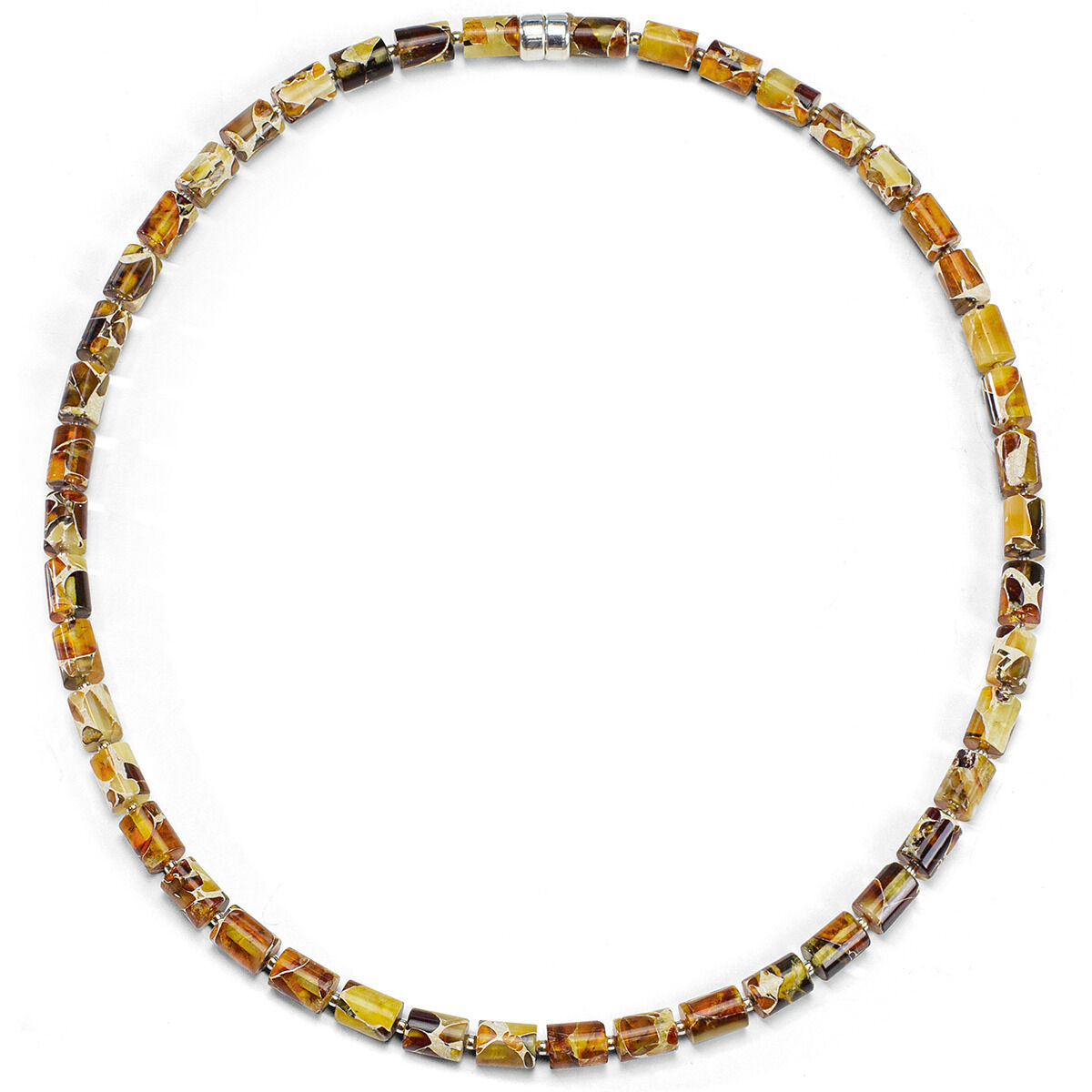 Bernstein-Schmuckset "Jantara" von Ars mundi: Eine Kette aus goldbraunen, gelben und braunen Bernsteinen in unterschiedlichen Farbnuancen und 925er-Sterlingsilber. Die Kette hat eine dezente, elegante Optik und eignet sich für verschiedene Anlässe.