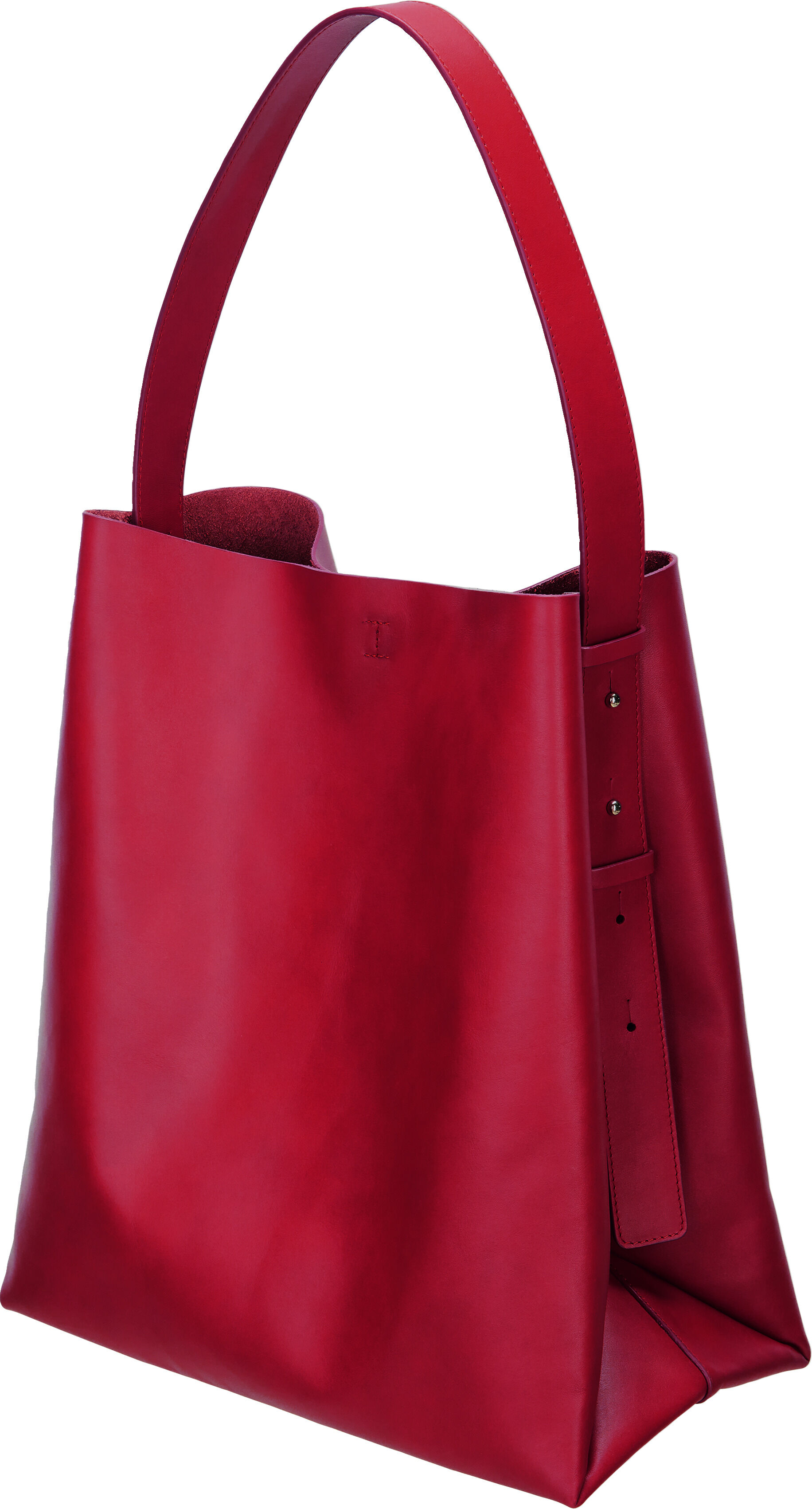 Eine stilvolle, rote Lederhandtasche mit einem minimalistischen Design und einem festen Schulterriemen. Die Tasche ist elegant und eignet sich sowohl für den Alltag als auch für besondere Anlässe.
