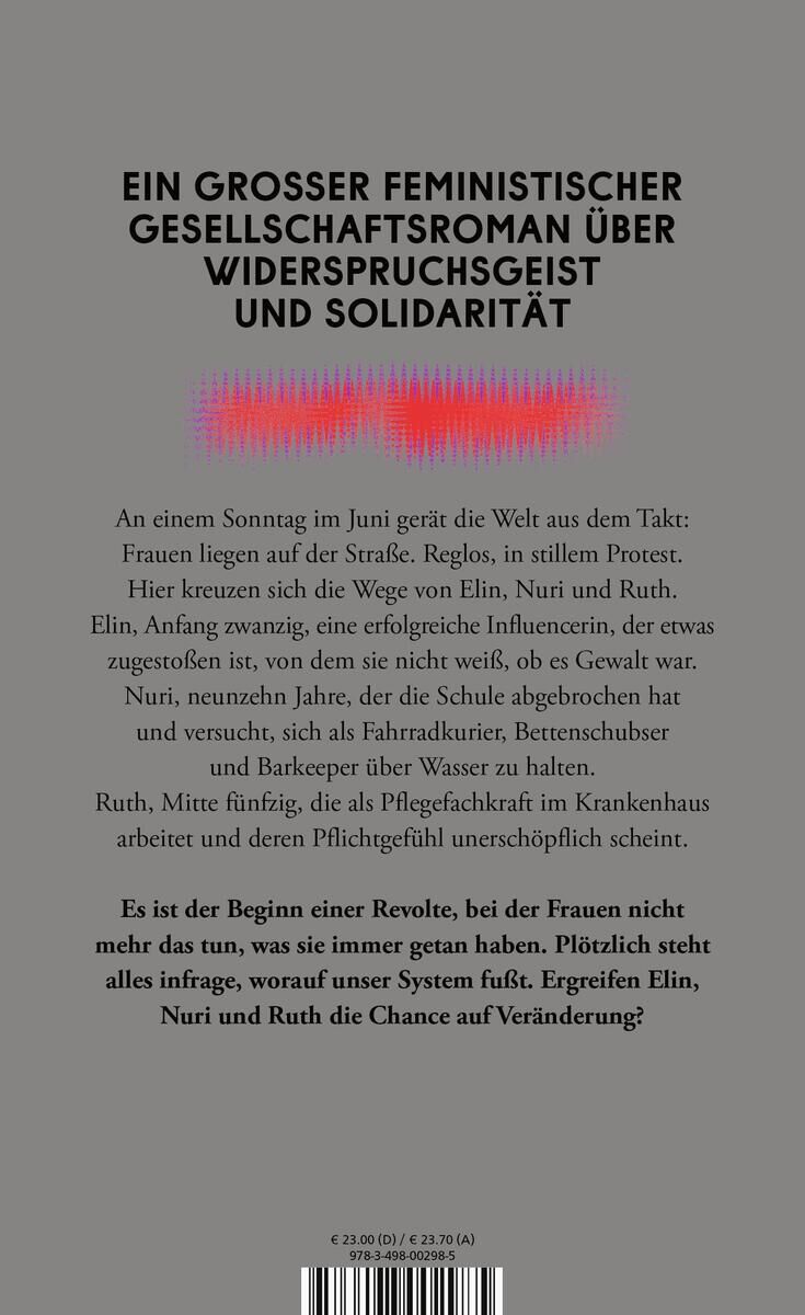 Das Bild zeigt das Buchcover von 'Und alle so still' von M. Fallwickl. Oben befindet sich ein Zitat in fettgedruckten Großbuchstaben: 'Ein großer feministischer Gesellschaftsroman über Widerspruchsgeist und Solidarität'. Darunter ist ein kurzer Textauszug aus dem Buch. Der Hintergrund ist grau, und die Schrift ist schwarz und pink.
