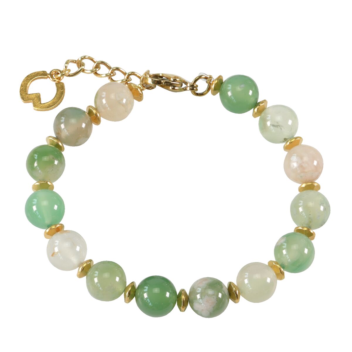 Das Bild zeigt das Perlen-Schmuckset "Tami" von Petra Waszak, bestehend aus einem eleganten Armband. Es besteht aus mehrfach grünen und cremefarbenen Achat-Perlen, abwechselnd mit vergoldeten Messingelementen. Ein goldfarbener Verschluss mit Verlängerung und Schmuck-Emblem ist sichtbar.