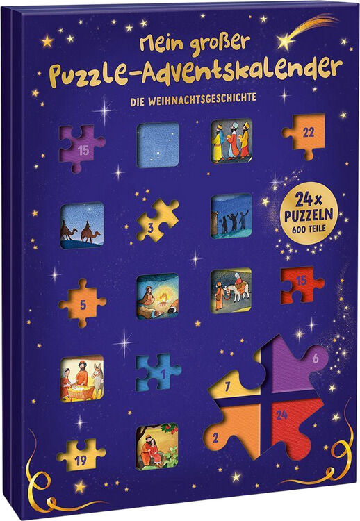 Der Adventskalender 'Mein großer Puzzle-Adventskalender - Die Weihnachtsgeschichte' zeigt ein großes, dunkelblaues Buch mit 24 nummerierten Türchen, bunten Puzzleteilen und weihnachtlichen Motiven. Sterne und bunte Illustrationen zieren die Vorderseite.