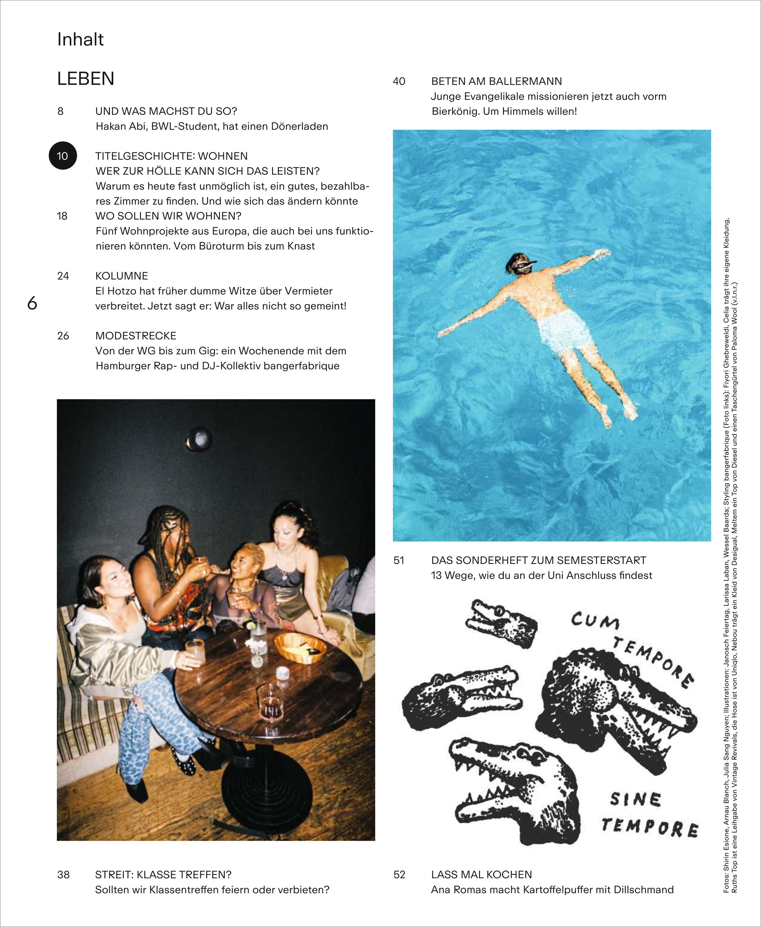 Eine Inhaltsseite der ZEIT Campus Ausgabe 4/25 mit Fotos von jungen Menschen, die zusammen feiern, einer Person, die allein im Swimmingpool schwimmt, und einer schwarz-weißen Illustration von Krokodilen. Der Text listet Artikel rund um Leben, Wohnen und Studentenalltag auf. Bild mit modernem, studentischem und sommerlichem Charakter.