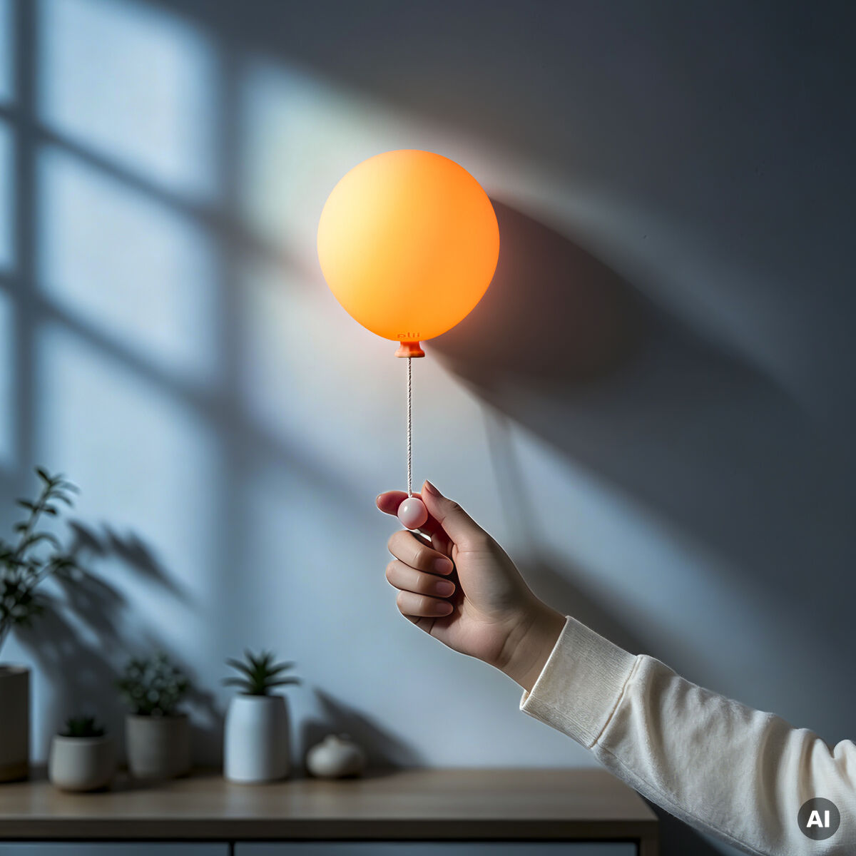 Die Leuchte »Mimo Ballon« der Marke Gingko Design Ltd in der Farbe blush bloom leuchtet warm orange an einer Wand. Eine Person hält die Leuchte wie einen Ballon. Im Hintergrund stehen kleine Topfpflanzen auf einem Sideboard vor Schatten an der Wand.