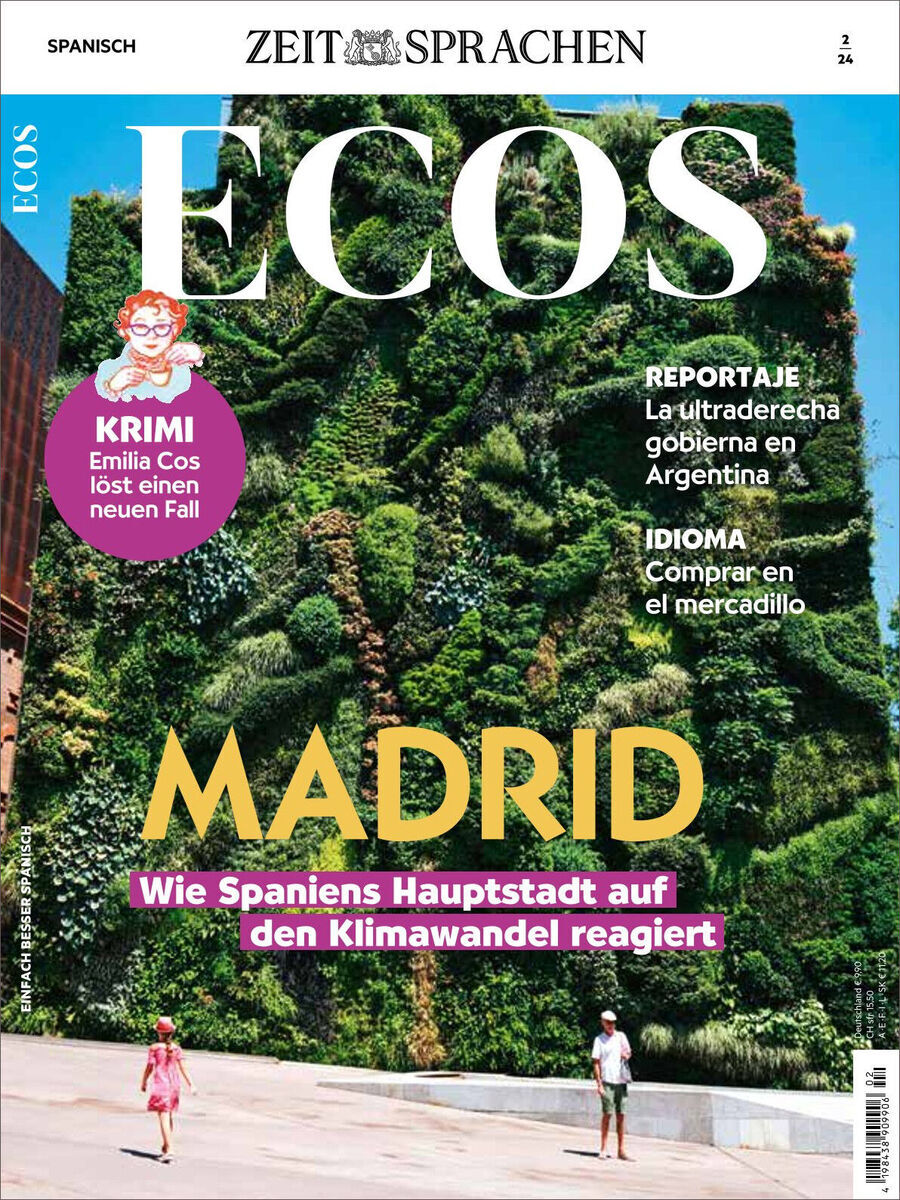 Das Titelbild des Ecos Magazins 02/2024 zeigt ein begrüntes Gebäude in Madrid. Im Vordergrund läuft eine Person in einem pinkfarbenen Dress. Der Text auf dem Cover betont die Reaktion Madrids auf den Klimawandel und erwähnt eine Krimi-Geschichte mit Emilia Cos. Auch Reportagen und Informationen zur spanischen Sprache und Kultur sind Teil des Inhalts.