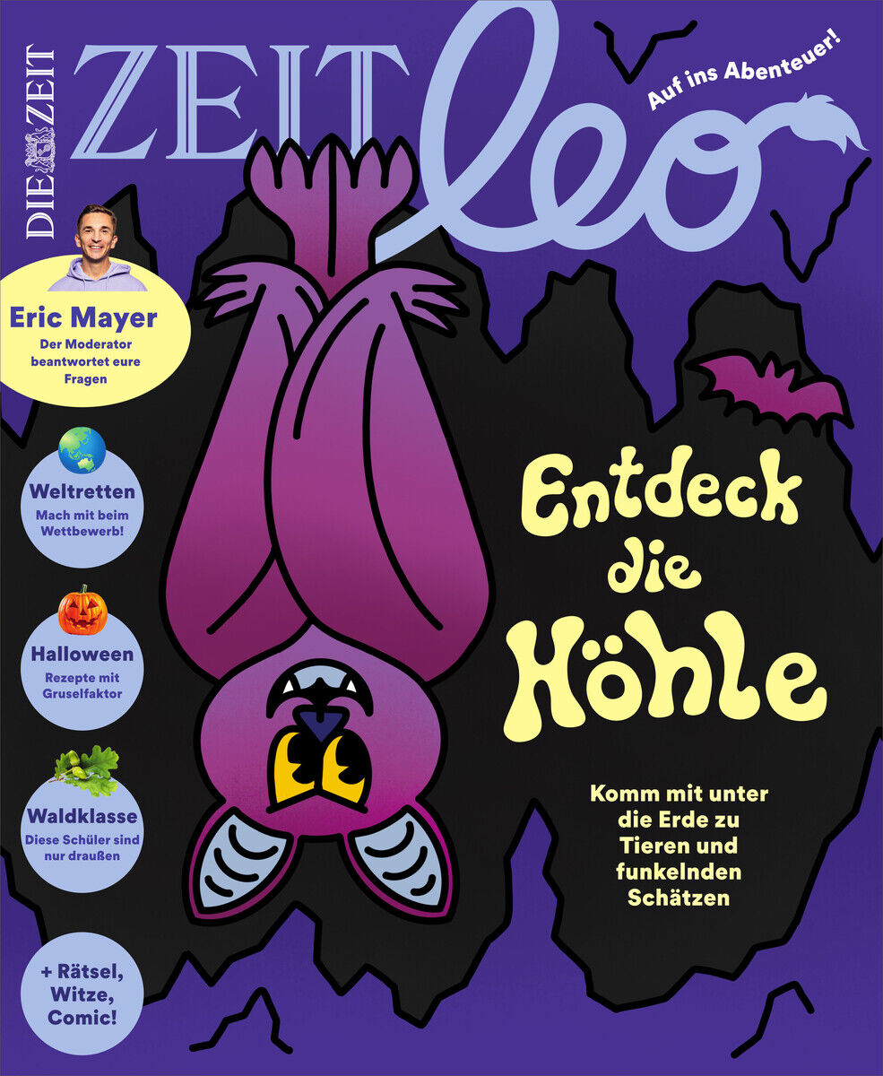 Titelblatt der Zeitschrift ZEIT LEO mit einer Fledermaus und der Aufschrift 'Entdeck die Höhle'. Bunte und verspielte Gestaltung mit lila, gelben und roten Elementen. Geeignet für Kinder und Entdecker.