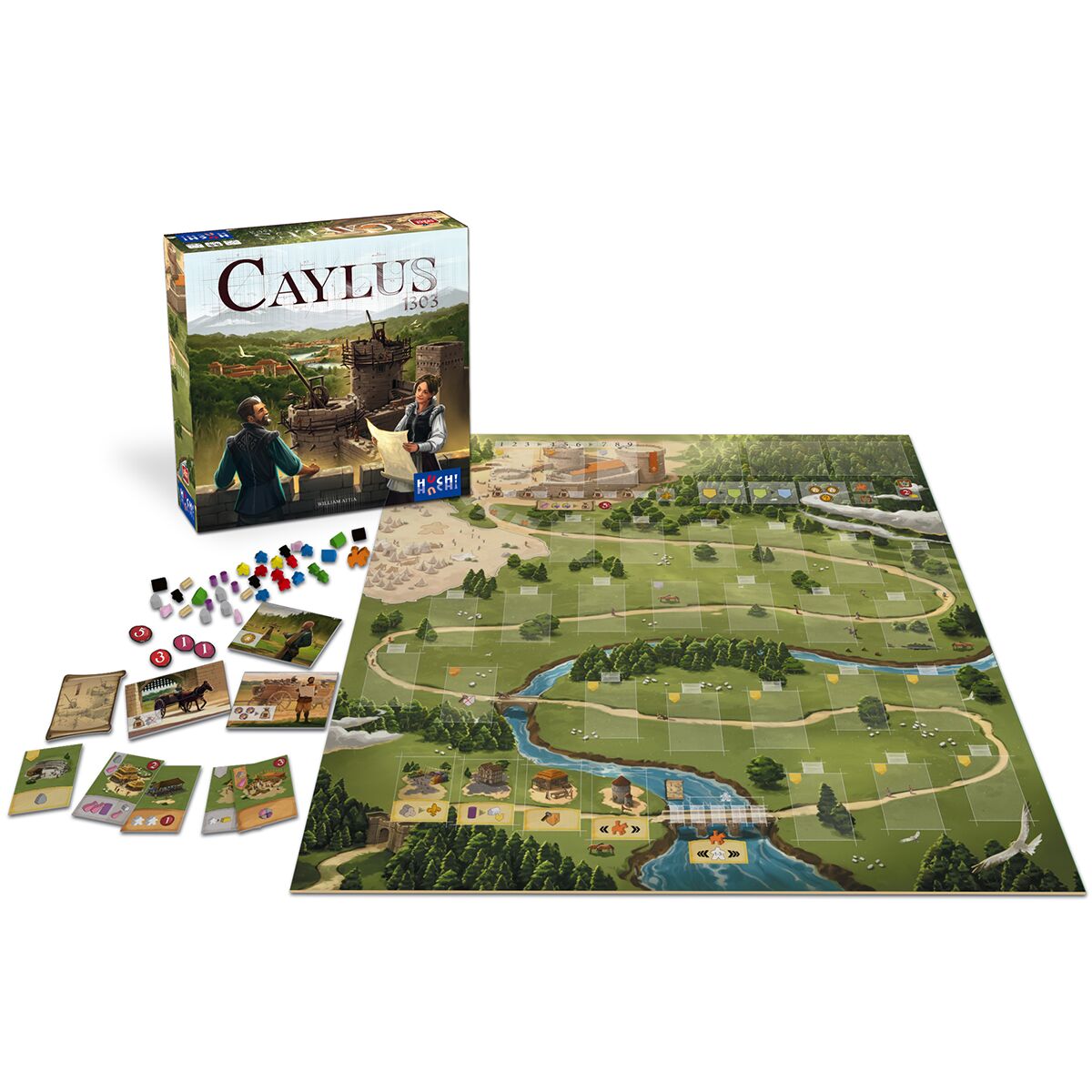 Das Bild zeigt das Brettspiel »Caylus 1303« mit einem ausgelegten Spielbrett, Spielkarten, Spielfiguren, Würfeln und Holzkomponenten. Die Spielschachtel ist ebenfalls abgebildet. Das Thema des Spiels ist mittelalterlich und auf dem Spielbrett sind Landschaften sowie Bauwerke dargestellt.