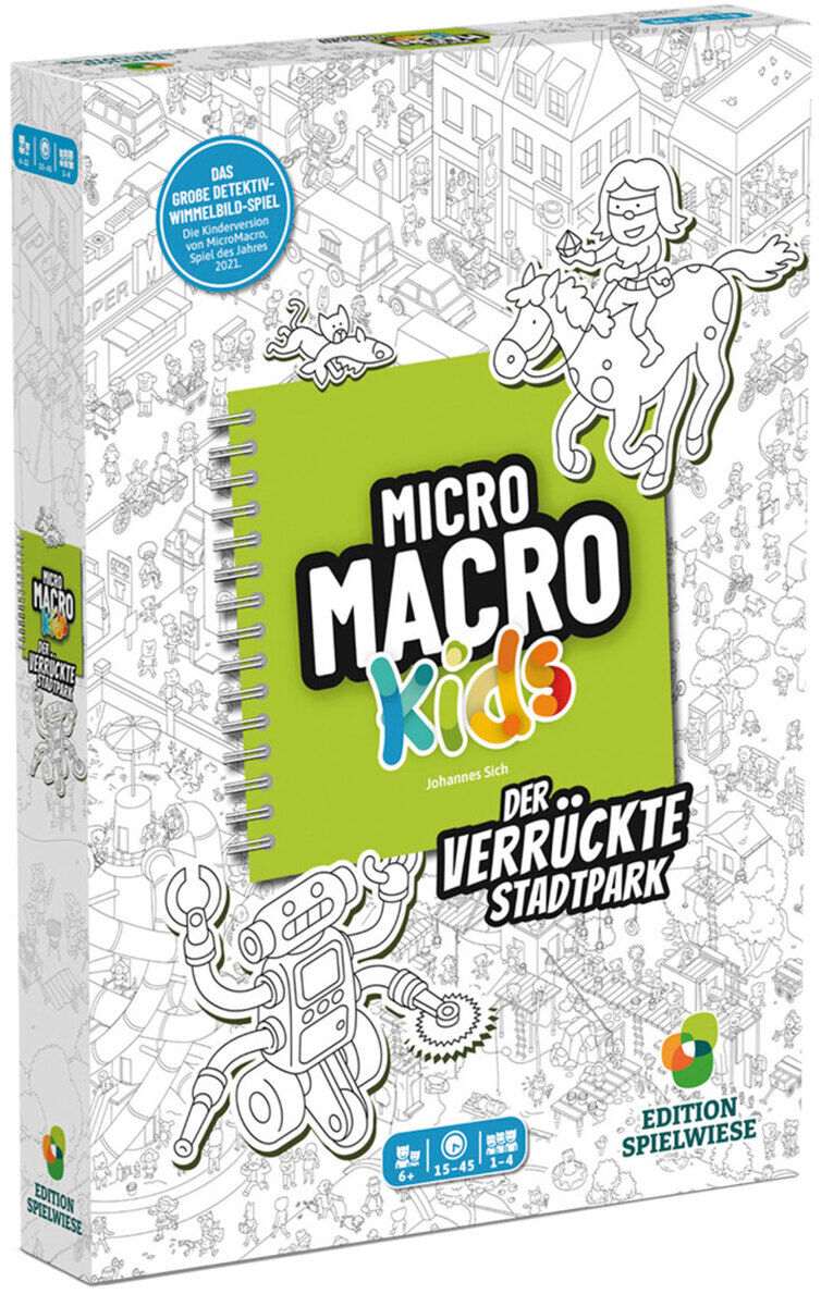 Spieleschachtel des Spiels 'MicroMacro Kids: Der verrückte Stadtpark' mit fröhlichem, illustriertem Stadtpark-Motiv auf weiß-grünem Hintergrund. Verschiedene Cartoon-Figuren und Details sind auf der Verpackung sichtbar. Das Spiel richtet sich an Kinder und Familien und beinhaltet ein Detektiv- und Suchspielkonzept.