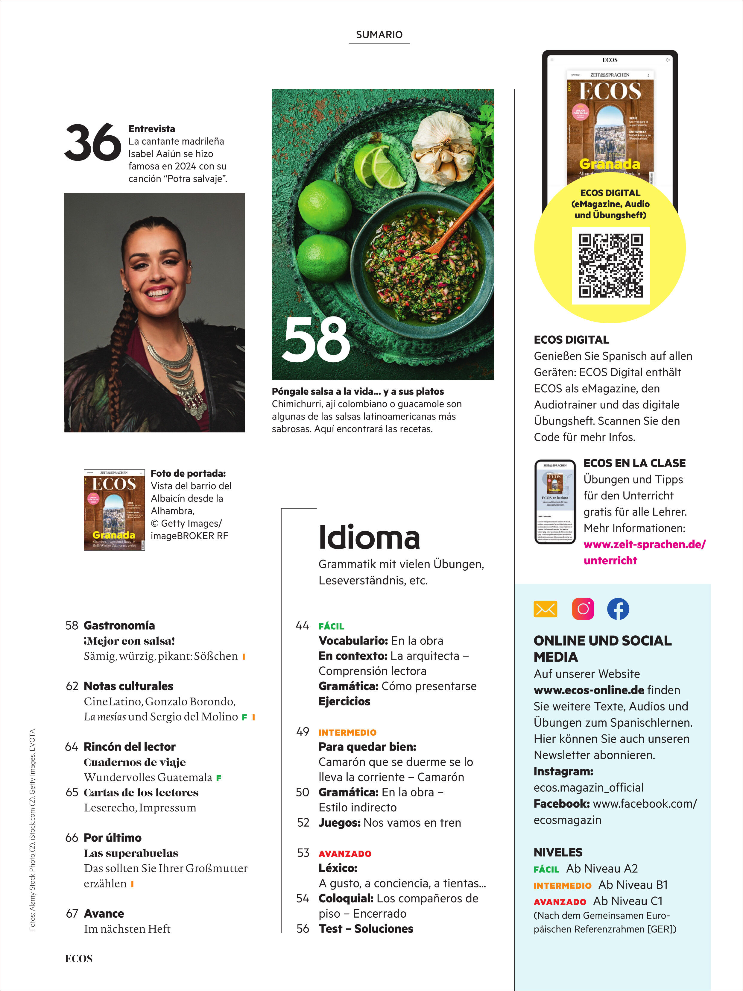 Bild eines Covers von Ecos Magazin 6/2025, zeigt eine Collage mit einem Porträt, mehreren Textbausteinen, einem Gericht und Hinweisen zur digitalen Nutzung des Magazins.