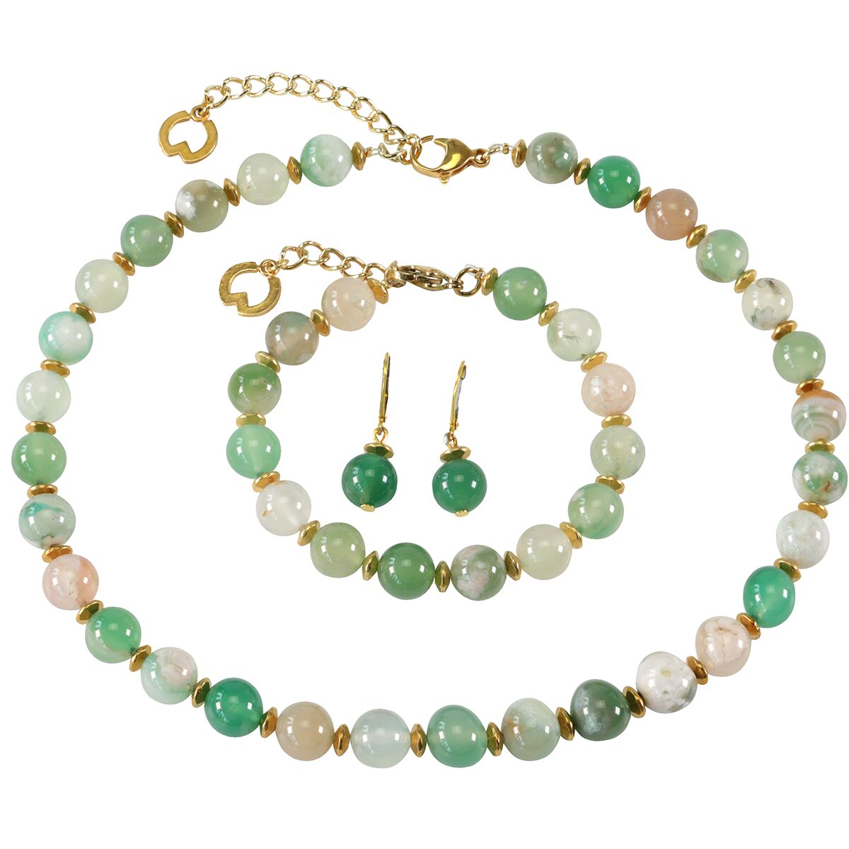 Das Bild zeigt das Perlen-Schmuckset "Tami" von Petra Waszak für Ars mundi: Eine Halskette und ein Armband aus runden, polierten Achatperlen in Nuancen von Grün, Weiß und Beige, kombiniert mit goldfarbenen, vergoldeten Messingelementen. Zwei passende Ohrhänger komplettieren das elegante Set.