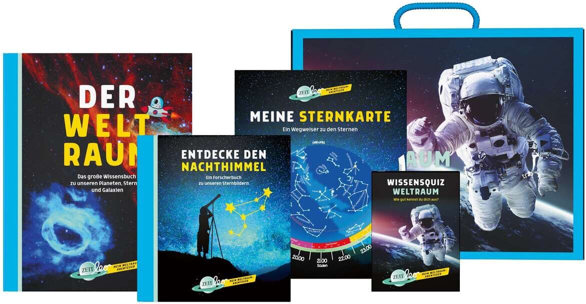 Vier Bücher und ein Quiz aus der ZEIT LEO-Edition „Mein Weltraum-Abenteuer“ umfassen Themen wie den Weltraum, Entdeckungen am Nachthimmel, Sternkarten und ein Wissensquiz zum Weltraum. Eine Illustrationen von Astronauten und Sternen ist zu sehen.