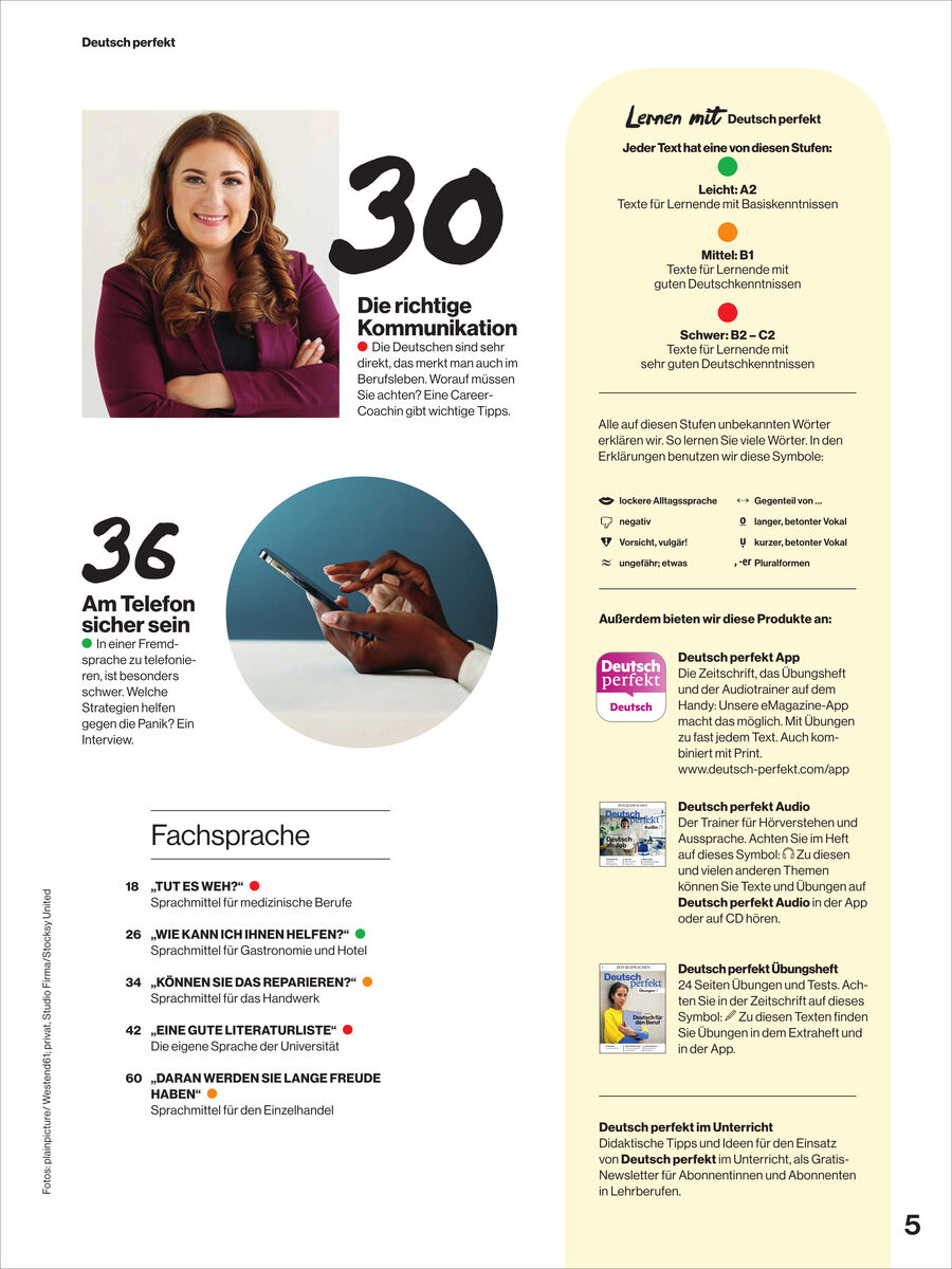 Magazinseite von Deutsch perfekt mit Foto einer Frau und einer Hand am Smartphone. Themen sind Kommunikation und sicheres Telefonieren. Infobox zu Sprachniveaus, Stichworte wie Fachsprache und Produkthinweise. Übersichtliche, moderne Gestaltung mit Infografiken.