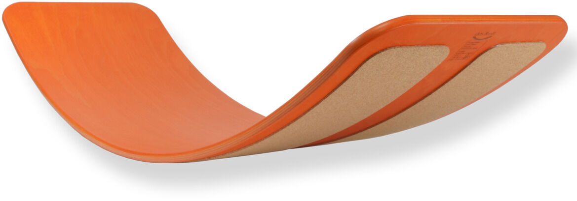 Das Bild zeigt ein rot lackiertes Balance Board aus Holz mit einer geschwungenen, eleganten Form.