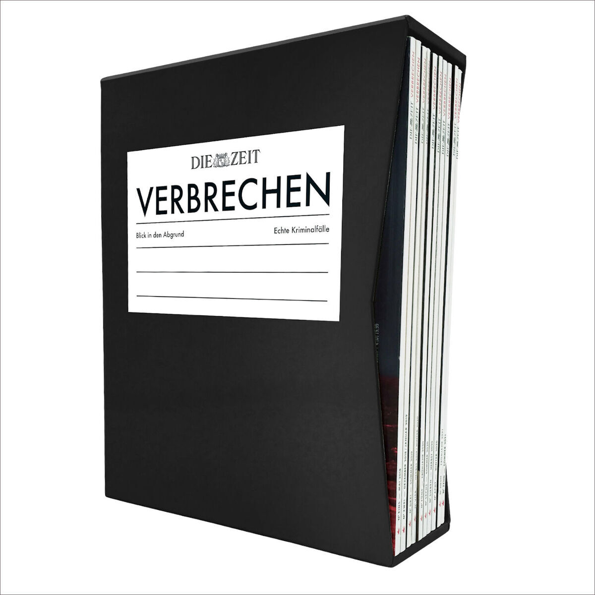 Schwarze Sammelbox mit der Aufschrift 'ZEIT VERBRECHEN' und mehreren Büchern zum Thema echte Kriminalfälle.