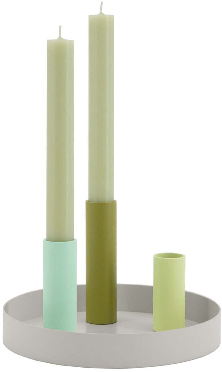 Magnetischer Kerzenhalter »Luna Mini« mit drei pastellfarbenen Halterungen in Hellgrün, Olivgrün und Mintgrün auf einem weißen Tablett. Ideal für moderne Dekorationen und zum Setzen von Farbakzenten in Wohnräumen.