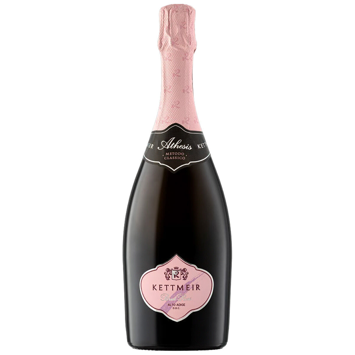 Eine elegante Sektflasche mit rosa Etikett und rosa Folienverschluss. Das Hauptetikett zeigt die Aufschrift 'Kettmeir' sowie dekorative Ornamente, darüber ein weiteres Etikett mit der Bezeichnung 'Athesis Metodo Classico'. Die Flasche wirkt modern und stilvoll.