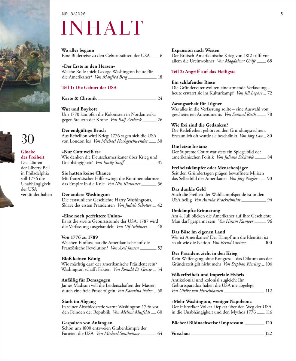 Detailliertes Inhaltsverzeichnis der Ausgabe ZEIT GESCHICHTE 3/26. Links ein Gemälde mit Boot und Menschen, darunter Glocke, rechts Textspalten mit Themen und Autoren. Die Farben sind dezent mit schwarzen, roten und grauen Schriften auf weißem Untergrund.