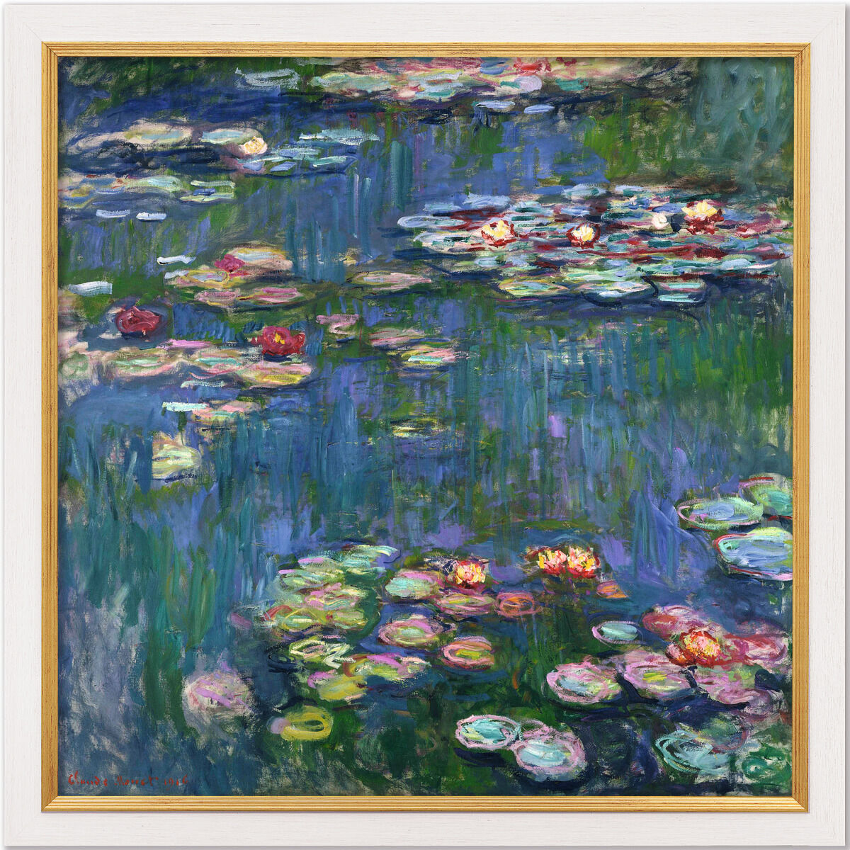 Ein impressionistisches Gemälde von Claude Monet aus dem Jahr 1916, das Seerosen in lebendigen Blau-, Grün-, Pink- und Lilatönen auf einem Teich darstellt.