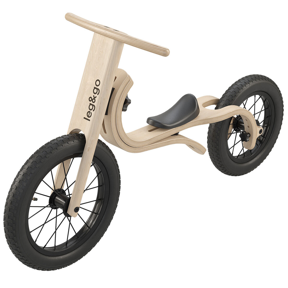 Ein 3-in-1 Laufrad für Kinder aus hellem Holz mit schwarzem Sattel und zwei großen schwarzen Reifen. Das Balance Bike steht aufrecht und besticht durch ein modernes, funktionales Design für Kleinkinder.