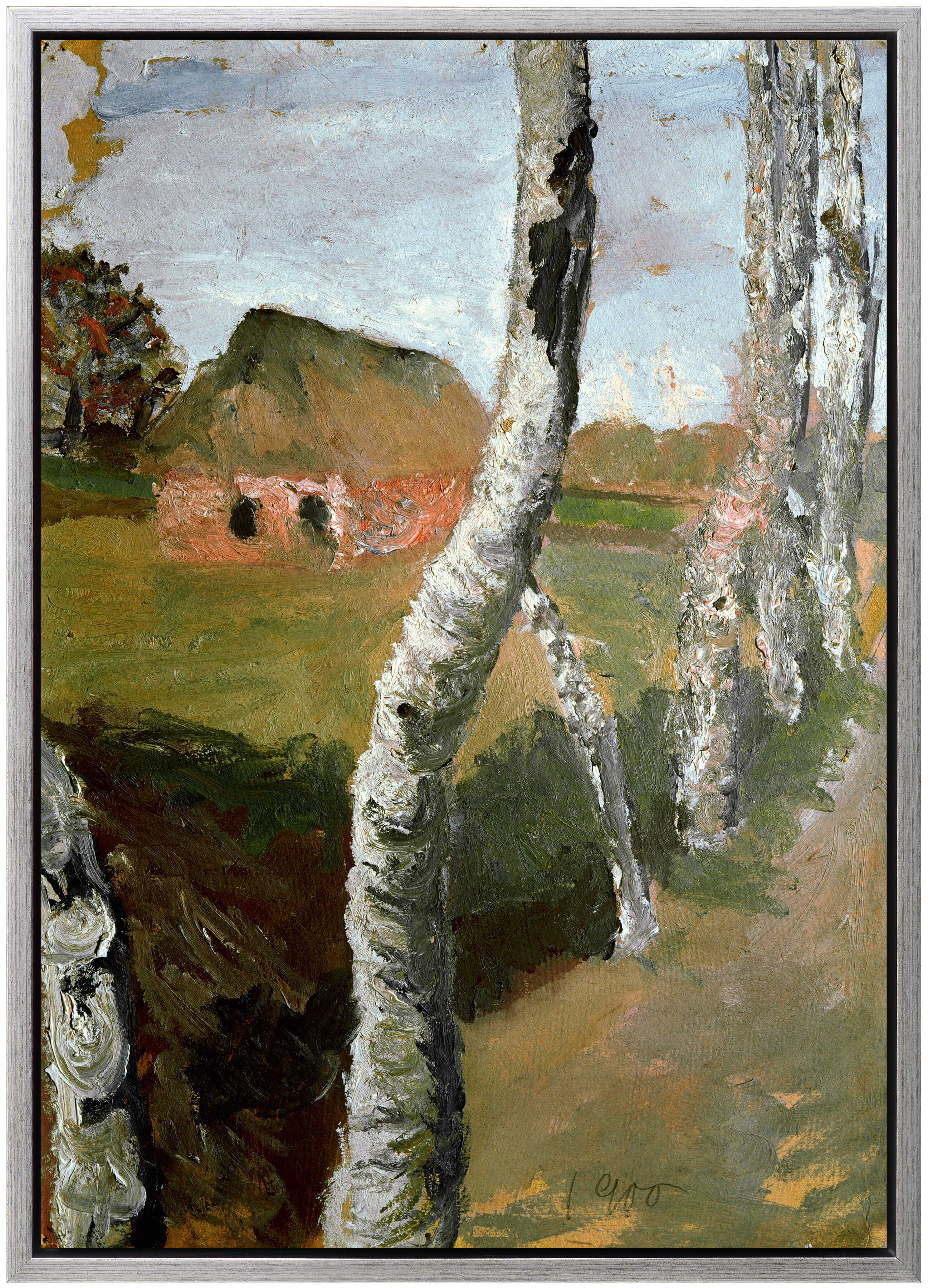 Das Gemälde »Birkenweg« von Paula Modersohn-Becker zeigt eine stille Landschaft mit weißen Birkenstämmen im Vordergrund, einem grasbewachsenen Weg und einem strohgedeckten roten Haus im Hintergrund. Harmonische Naturstimmung und detailreiche Texturen prägen das Motiv.