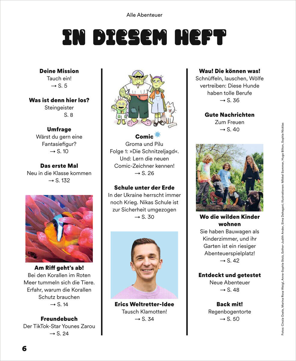 Eine farbenfrohe Ausgabe des Magazins ZEIT LEO 6/24 mit verschiedenen Artikeln und Tipps für Kinder zum Thema Abenteuer unter Wasser, Umfragen, Comics, Bastelideen und Freundebuch. Auf dem Cover sind verschiedene bunte Zeichnungen und Fotos zu sehen.