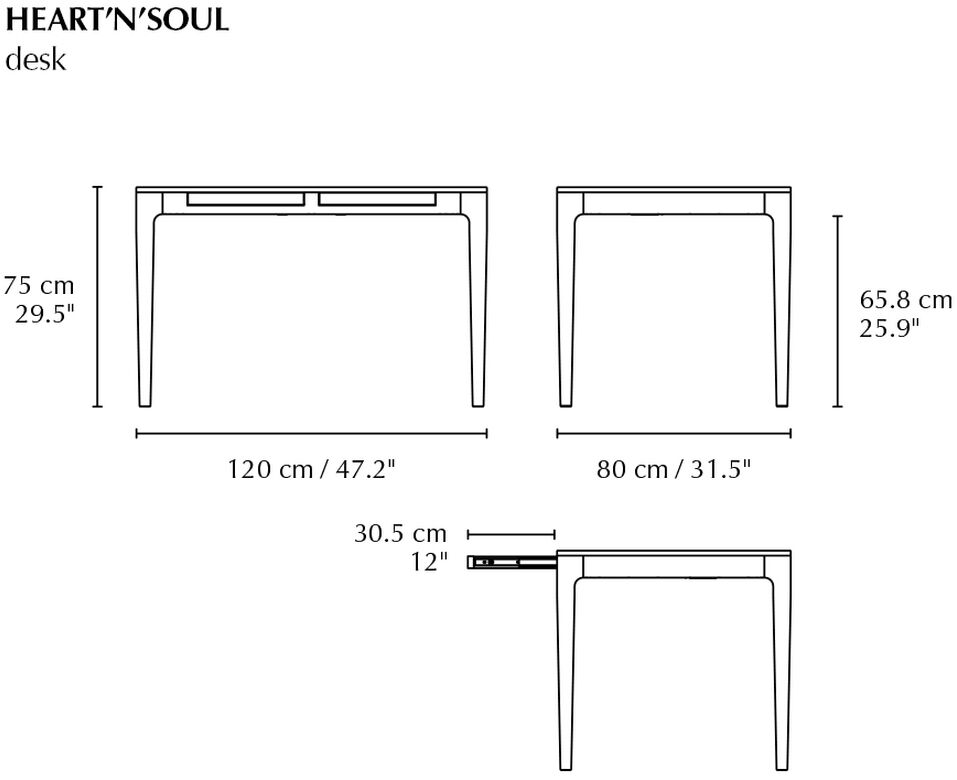 Technische Zeichnung des Umage Schreibtischs »Heart'n'Soul« mit Maßangaben: 120 cm Breite, 80 cm Tiefe, 75 cm Höhe. Drei Ansichten zeigen den rechteckigen Tisch mit schlanken Beinen und zwei Schubladen unter der Tischplatte.