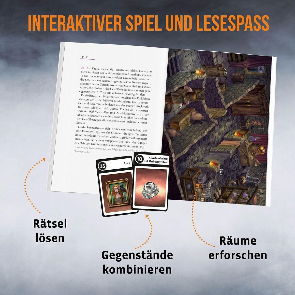 Bild des Produkts 'Adventure Games® - Books: Die Akademie der Zeitenwächter', das ein Buch mit einer geöffneten Seite zeigt. Das Buch enthält Text und Illustrationen von alten Gemäuern. Zwei Karten mit Objekten und Texten liegen daneben. Darüber steht in orangefarbener Schrift: 'Interaktiver Spiel und Lesespaß'. Unter dem Buch befinden sich weitere Texte: 'Rätsel lösen', 'Gegenstände kombinieren', und 'Räume erforschen'.