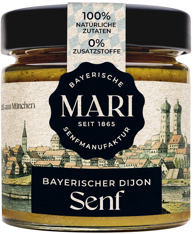 Glas Senf der Marke Mari-Senf mit Etikett „Bayerischer Dijon Senf“. Das Etikett zeigt eine Illustration der Stadt München im Hintergrund.