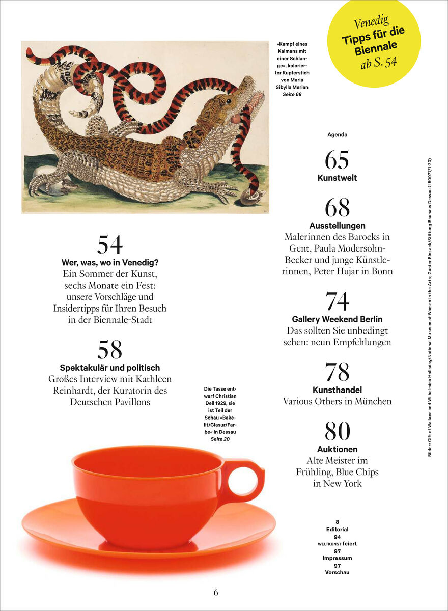 Eine Magazinseite aus WELTKUNST 255/26 zeigt oben eine Illustration eines verzierten Drachens und unten eine orange Teetasse mit Unterteller auf weißem Grund. Zwischen beiden Bildern steht ein Inhaltsverzeichnis mit Themen und Seitenzahlen, gelber Kreis oben mit Venedig-Tipp.
