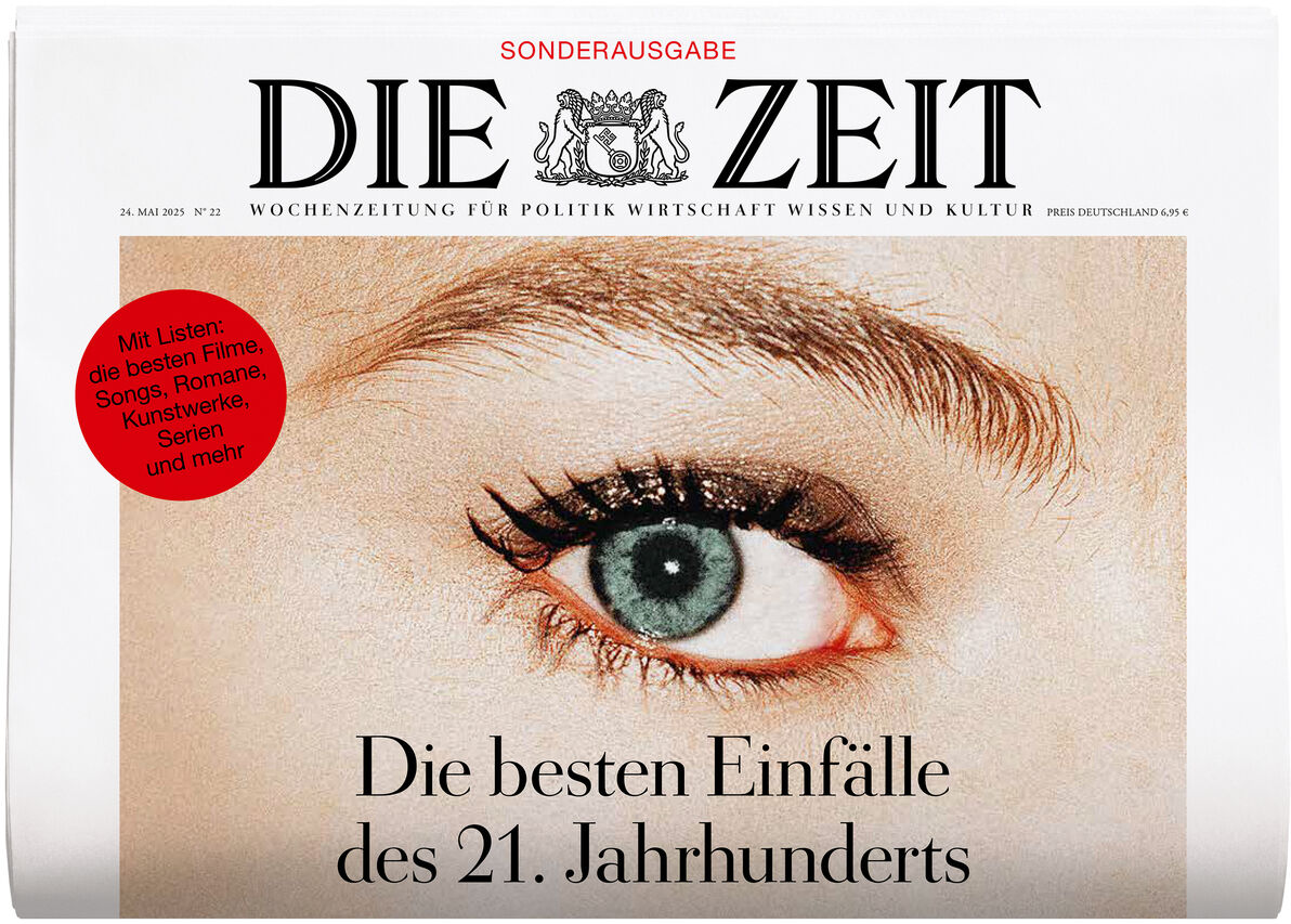 Die Sonderausgabe der Zeitung DIE ZEIT mit dem Titel 'Die besten Einfälle des 21. Jahrhunderts', das eine Nahaufnahme eines Auges als Coverbild hat. Die Ausgabe thematisiert Kultur, Politik, Wirtschaft und Kunst.