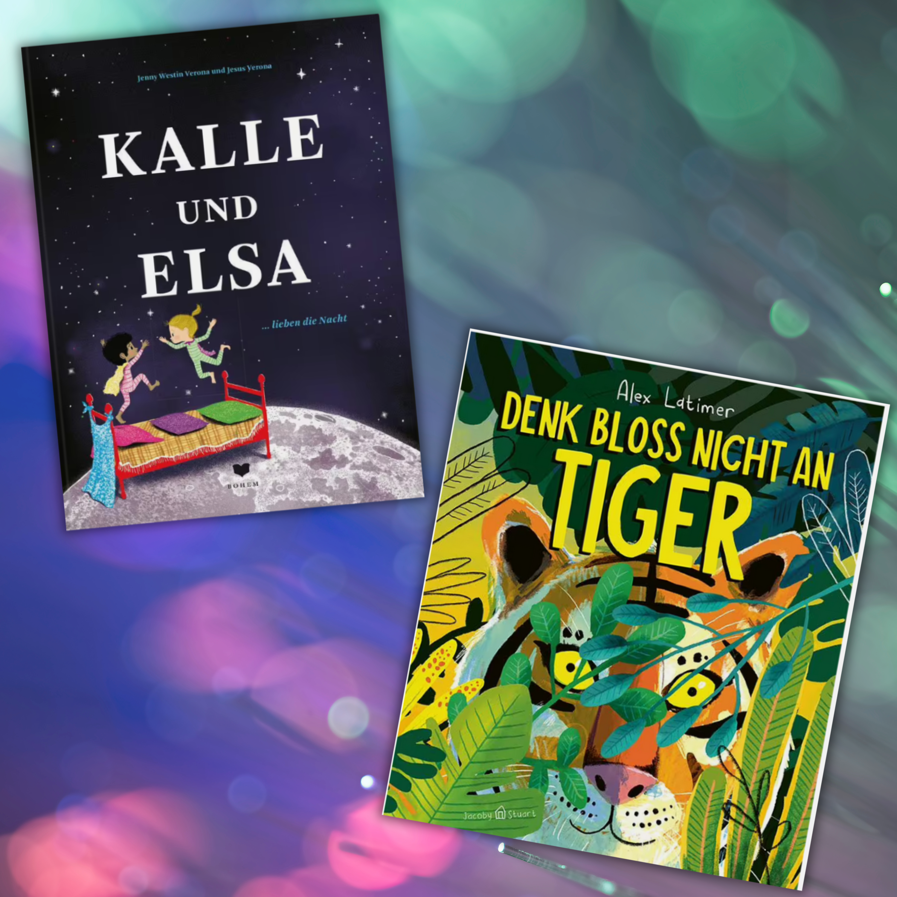 Link zur Kategorie Bilderbücher: Zwei leicht angeschrägte Bilderbuch-Cover auf buntem Hintergrund: Links "Kalle und Elisa" von Jenny Westin Verona und Jesus Verona, mit zwei Kindern auf einem roten Bett auf dem Mond unter funkelndem Nachthimmel. Rechts "Denk bloss nicht an Tiger" von Alex Latimer, mit einem Tigerkopf, umgeben von bunten Dschungelblättern.