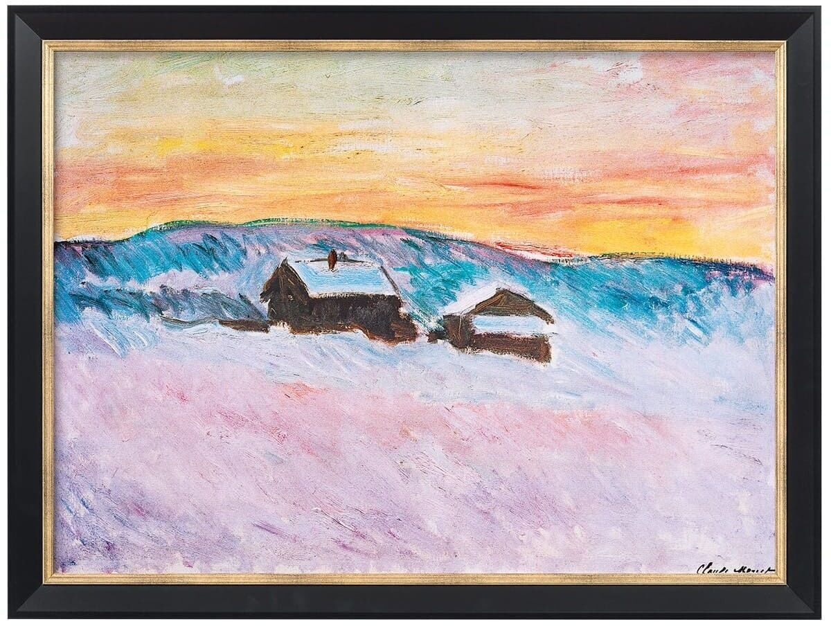 Ein impressionistisches Gemälde von Claude Monet aus dem Jahr 1895, das eine norwegische Winterlandschaft mit blauen Häusern und schneebedeckten Hügeln bei Sonnenaufgang zeigt. Die Szene ist in einer Vielzahl von Farben gehalten, darunter Blau, Weiß, Lila, Rosa, Gelb, Orange und Braun.