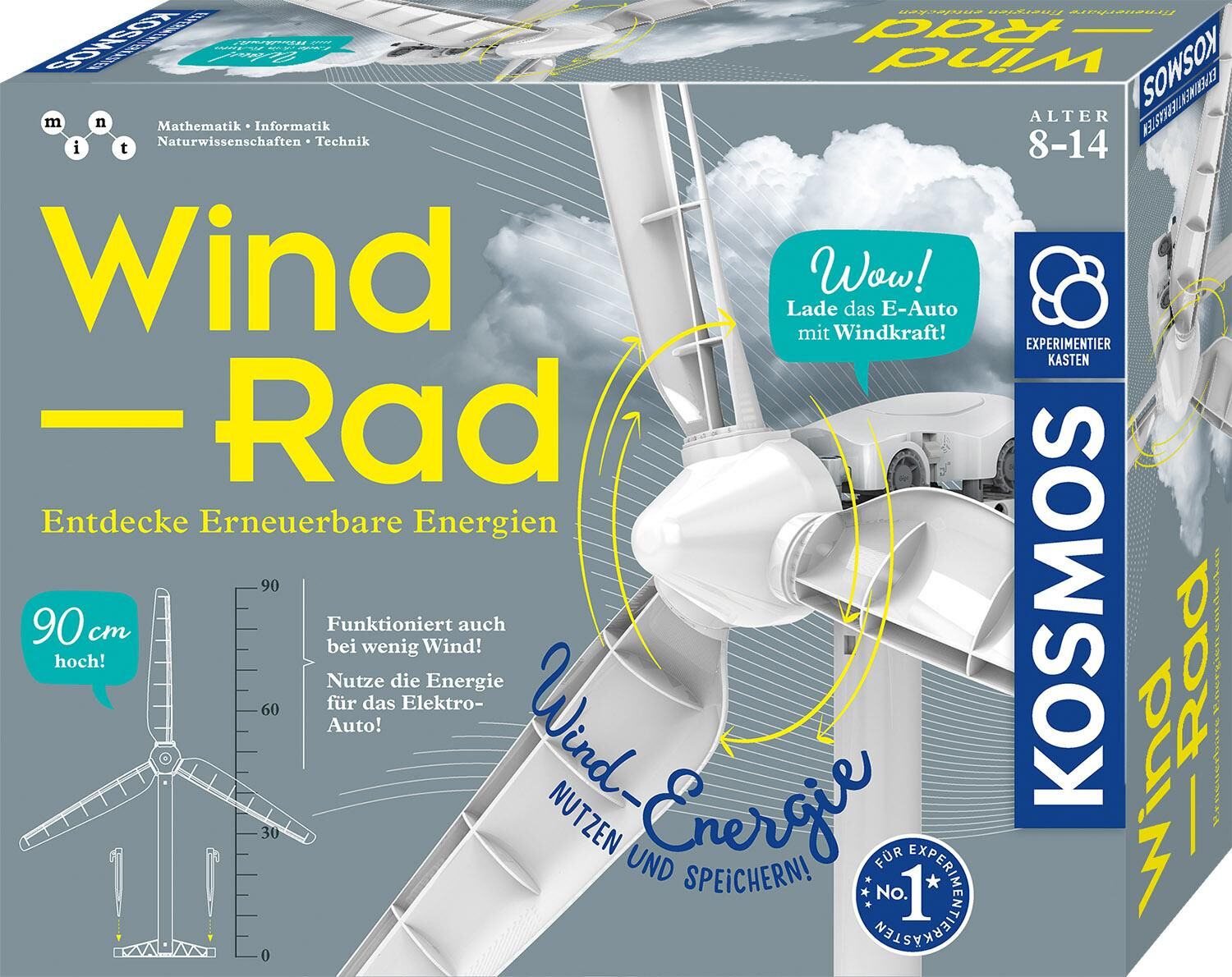 Verpackung eines Bausatzes namens 'Windrad', der erneuerbare Energien erforscht. Die Verpackung zeigt das Windrad im Aufbau, mit Texten, die die Funktionsweise und Lernaspekte hervorheben, sowie das Kosmos-Logo.