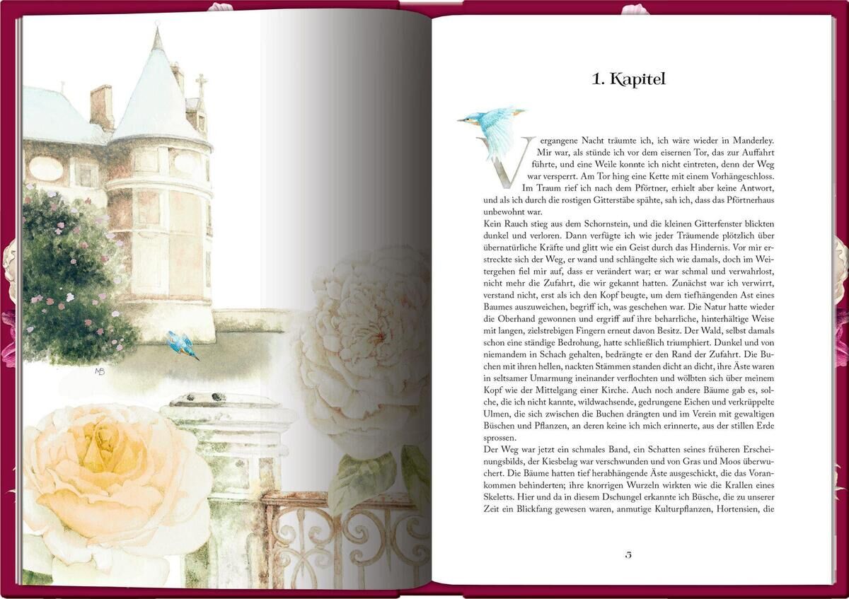 Doppelseite des Buches 'Rebecca' von Daphne du Maurier mit dem Titel 1. Kapitel. Links ist eine Illustration von einem Schloss mit Rosen und Pflanzen im Vordergrund. Rechts beginnt der Text des ersten Kapitels.