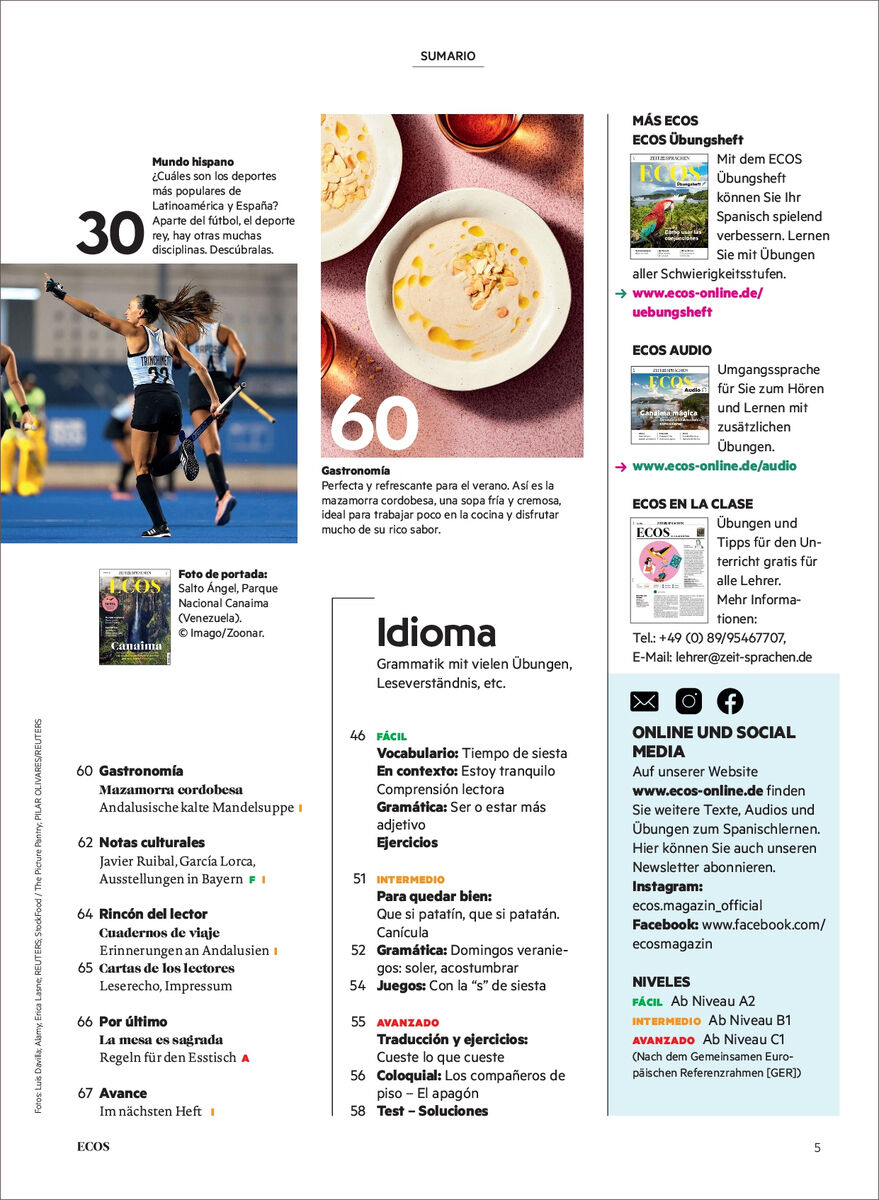 Das Bild zeigt die Titelseite des Ecos Magazin Ausgabe 08/2024. Es ist ein Sprachmagazin zum Spanischlernen und enthält Artikel zu verschiedenen Themen wie Reisen, Kultur und Gastronomie. Die Seite ist in mehreren Farben gestaltet, hauptsächlich weiß mit Textblöcken in schwarz, gelb, blau und rot. Man sieht Fotos, darunter ein Hockeyspiel und ein Dessert. Links ist die Inhaltsübersicht, rechts Informationen zu Abonnements und Online-Ressourcen.