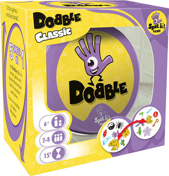 Dobble Kartenspiel in einer gelb-lila Verpackung. Die Vorderseite der Packung zeigt das Dobble-Logo mit einem lila Hand-Symbol und verschiedene bunte Symbole. Geeignet für Kinder ab 6 Jahren.