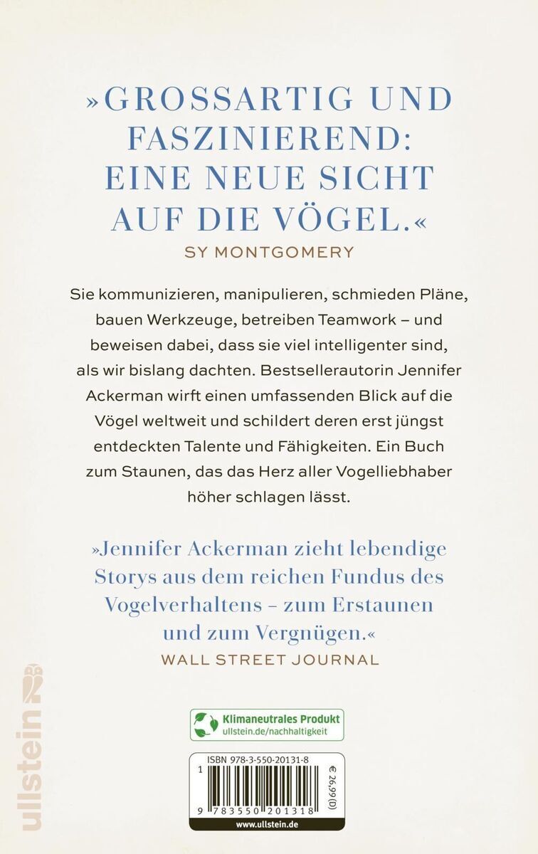 Rückseite des Buches 'Die geheime Welt der Vögel' von Jennifer Ackerman, mit Zitaten und Beschreibungen in blauer Schrift auf hellblauem Hintergrund.