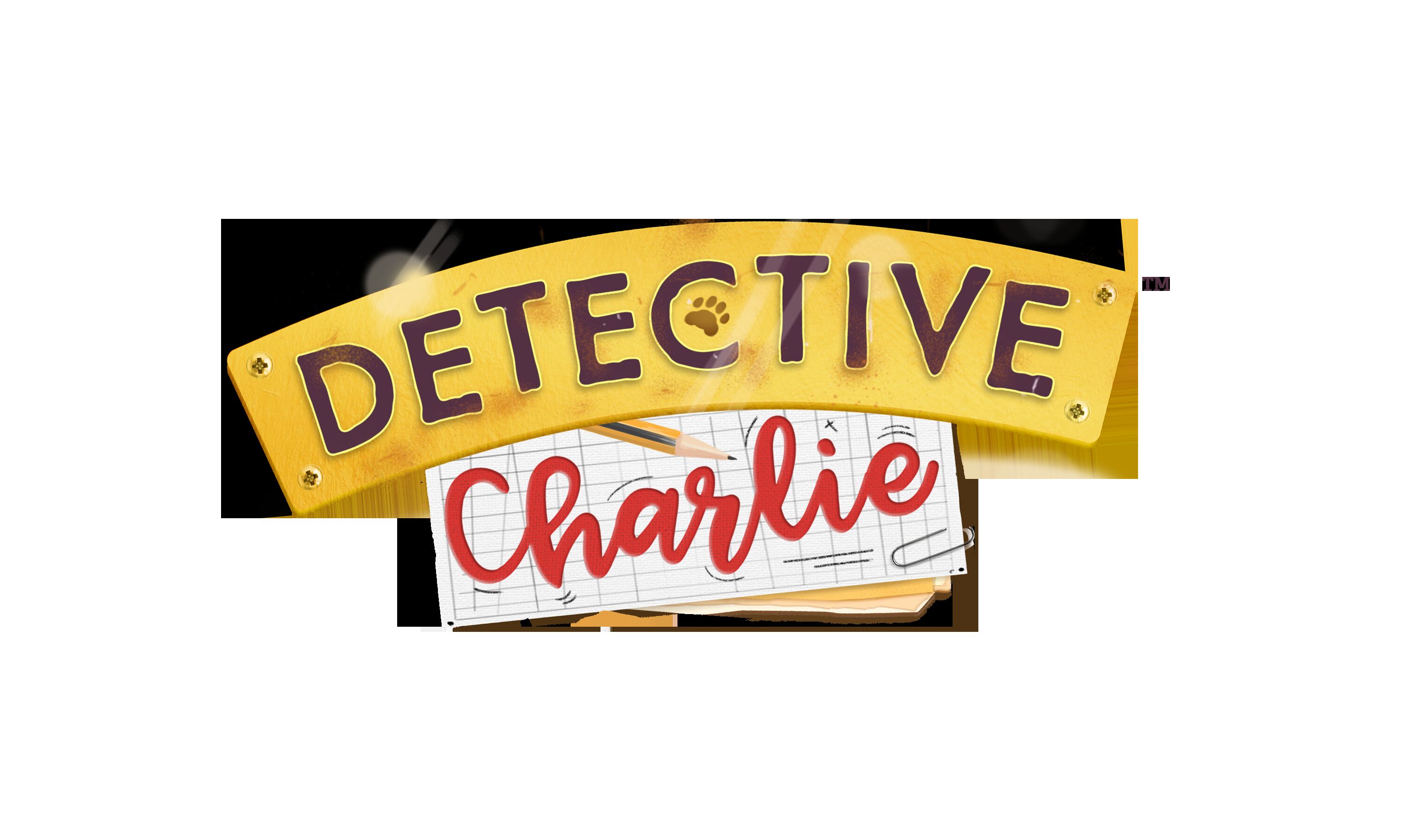 Logo des Spiels Detective Charlie mit gelbem Schriftbanner und roter Schreibschrift auf einer weißen, illustrierten Unterlage. Das Motiv vermittelt ein Detektivspiel mit Notizpapier, Bleistift und Pfotenspur, geeignet für Kinder und Familien.