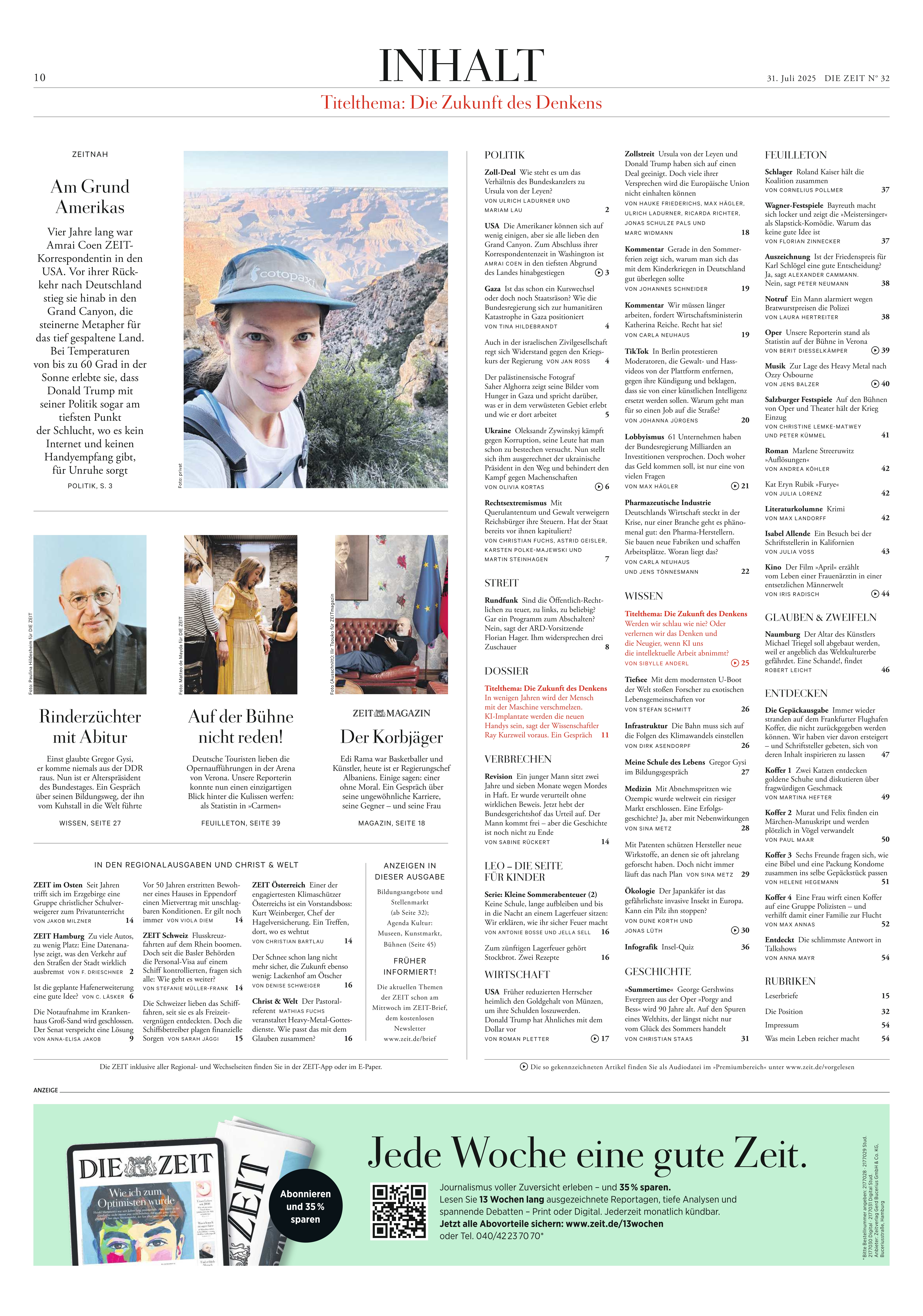 Titelseite des Inhaltsverzeichnisses der Wochenzeitung DIE ZEIT 32/2025 mit Artikelfotos, Texten, Autorenbildern sowie farbigen Akzenten und klarer Strukturierung der Rubriken Politik, Wissen, Kultur und Gesellschaft.